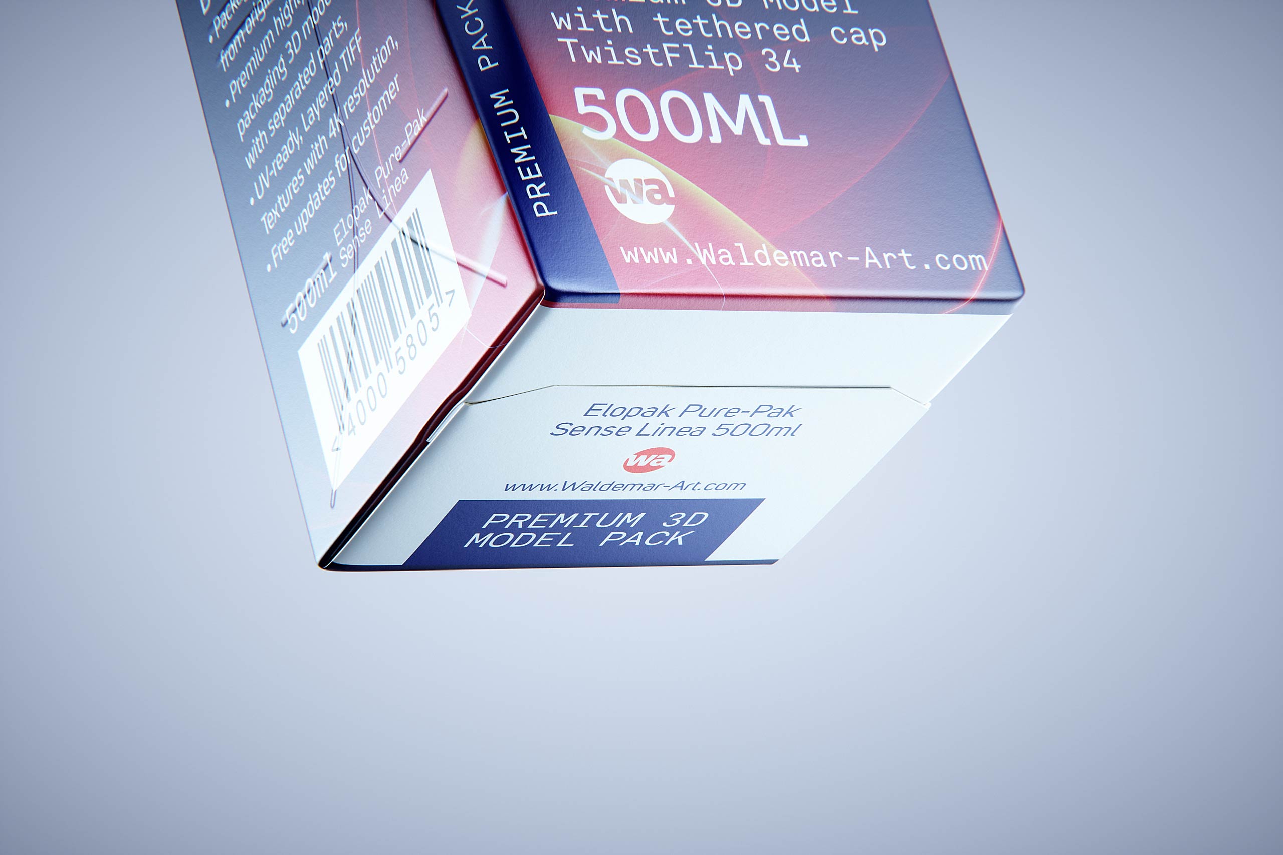 Premium carton packaging 3D model of Elopak Pure-Pak Sense Linea 500ml with tethered cap TwistFlip 34 - close-up, front-bottom v