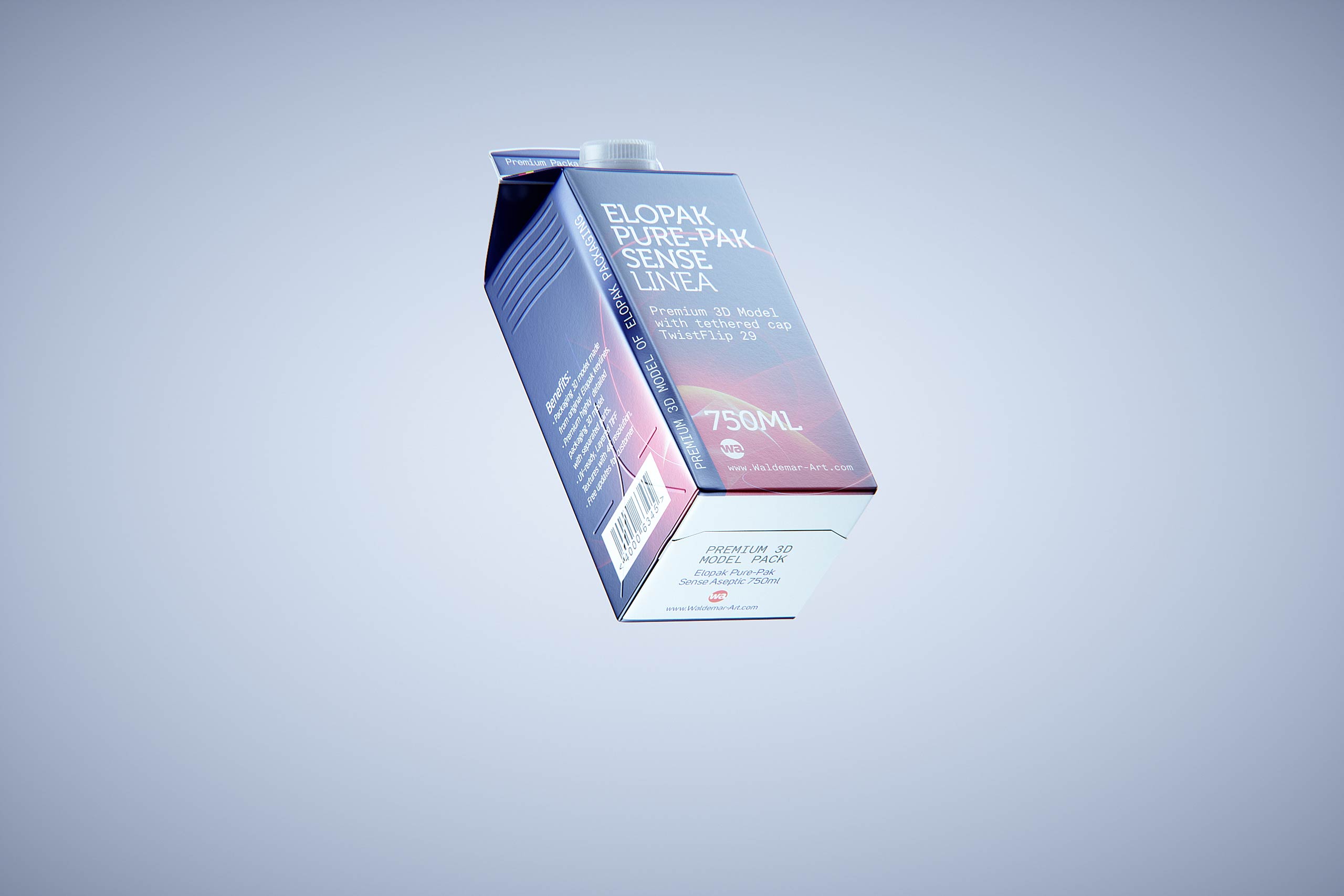 Premium carton packaging 3D model of Elopak Pure-Pak Sense Linea 750ml with tethered cap TwistFlip 29