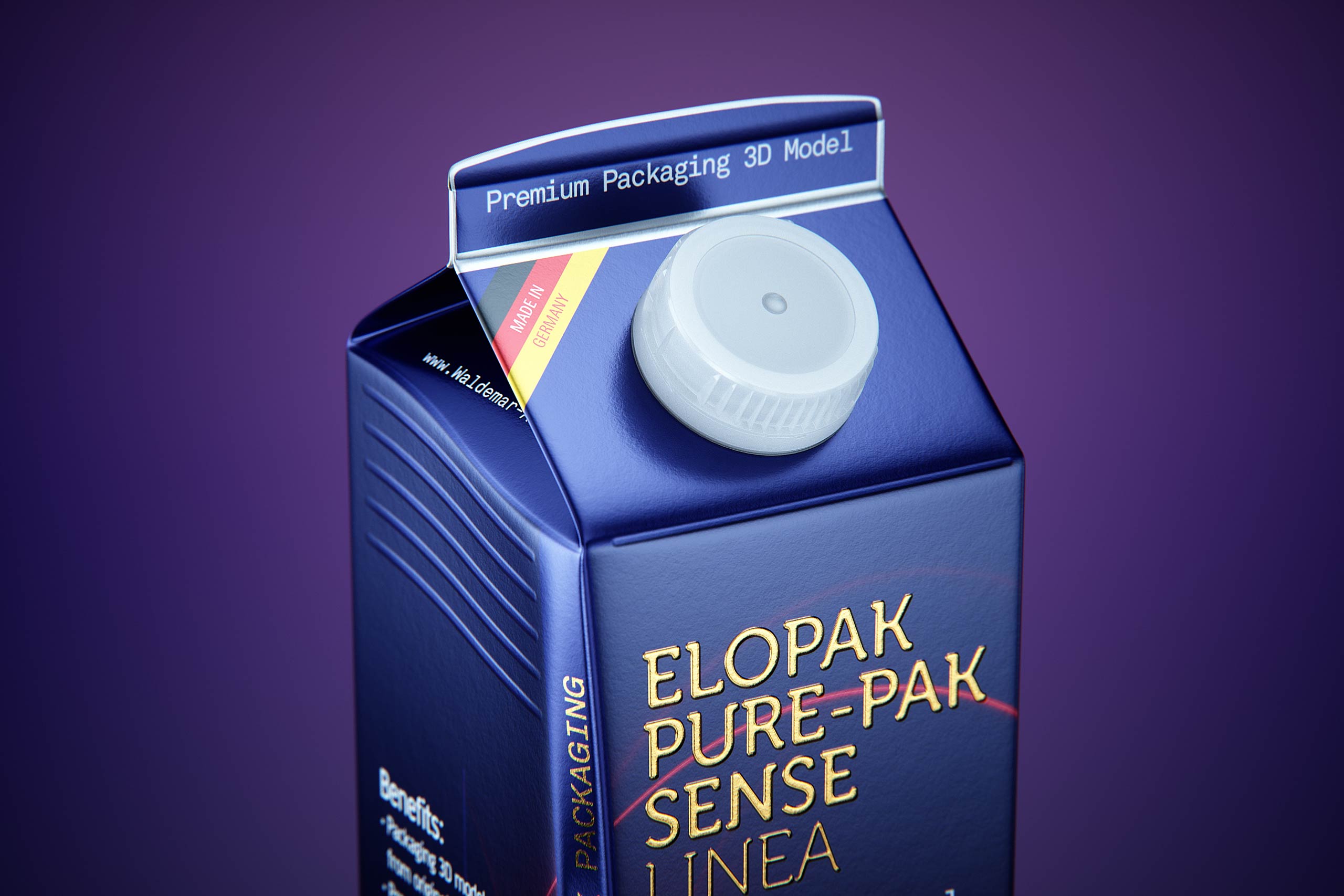Premium carton packaging 3D model of Elopak Pure-Pak Sense Linea 750ml with tethered cap TwistFlip 34 - close-up view
