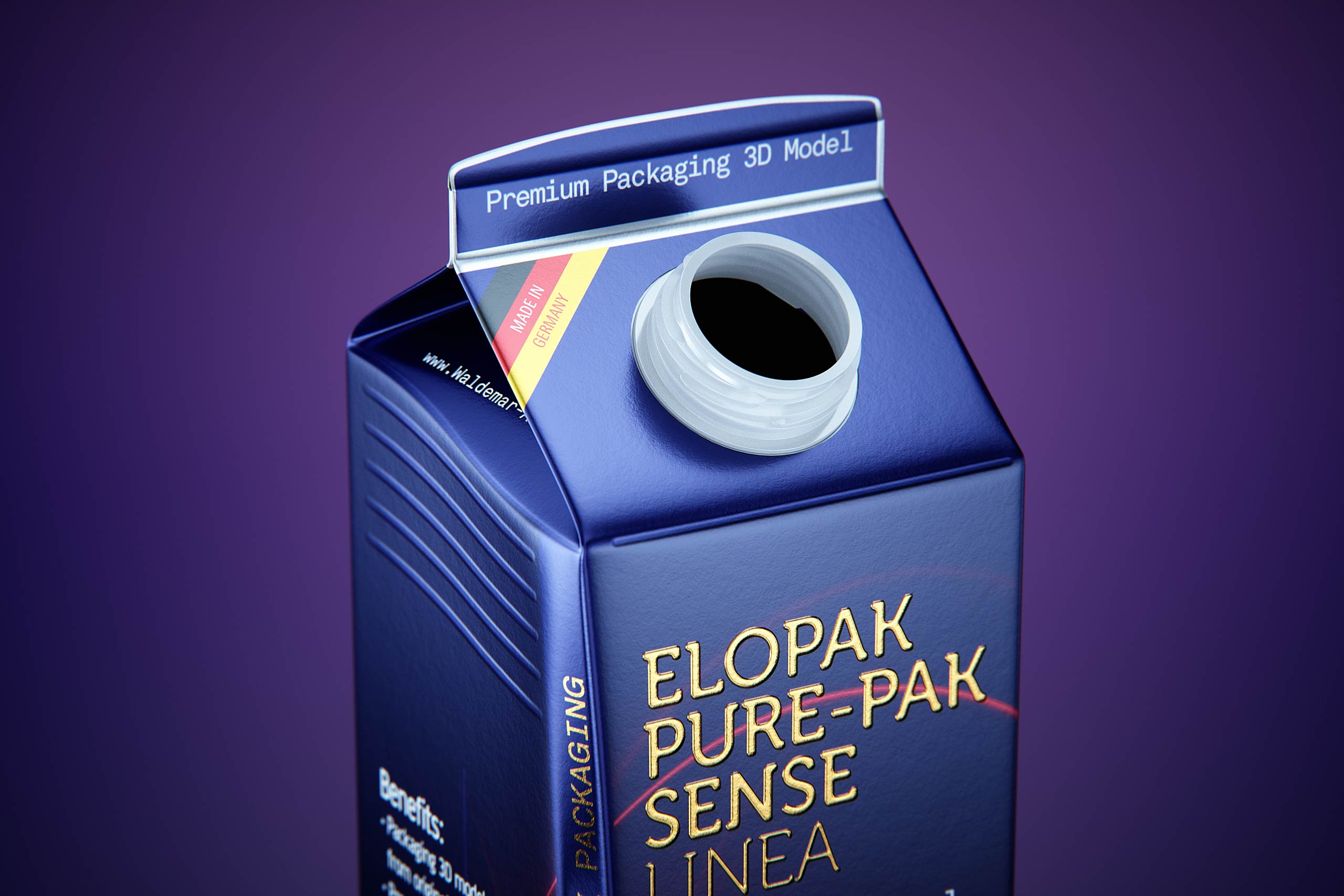 Premium carton packaging 3D model of Elopak Pure-Pak Sense Linea 750ml with tethered cap TwistFlip 34 - opened view
