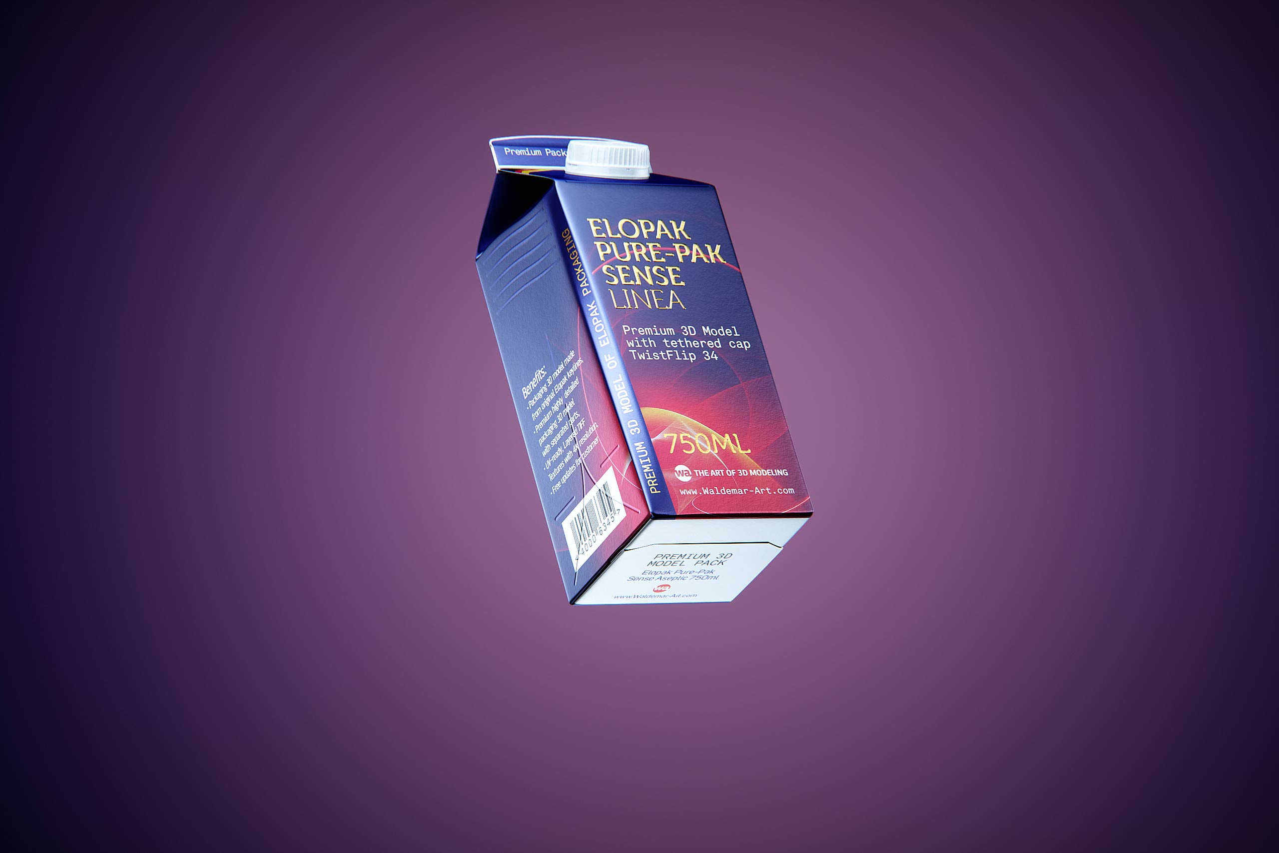 Premium carton packaging 3D model of Elopak Pure-Pak Sense Linea 750ml with tethered cap TwistFlip 34 - front-bottom view