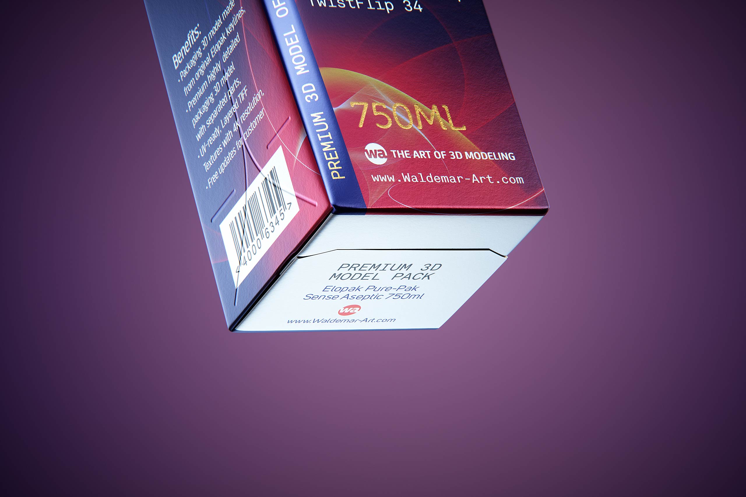 Premium carton packaging 3D model of Elopak Pure-Pak Sense Linea 750ml with tethered cap TwistFlip 34 - close-up, front-bottom v