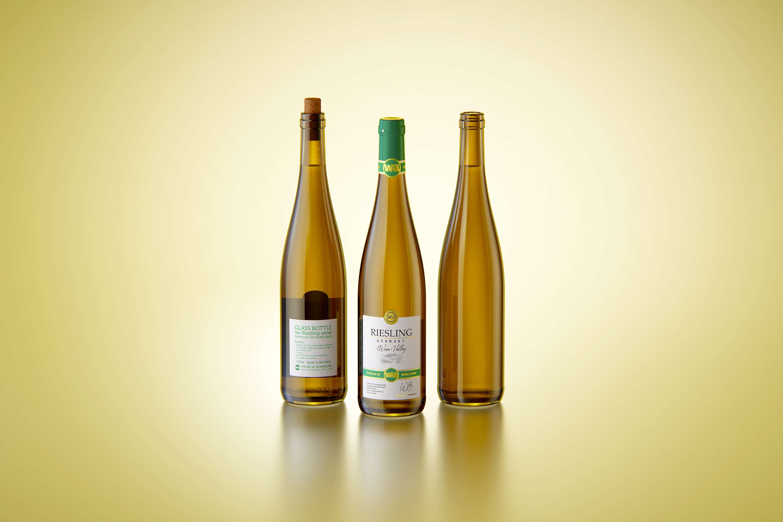 Riesling wine bottle 750ml with a cork and labels Premium 3D model pack