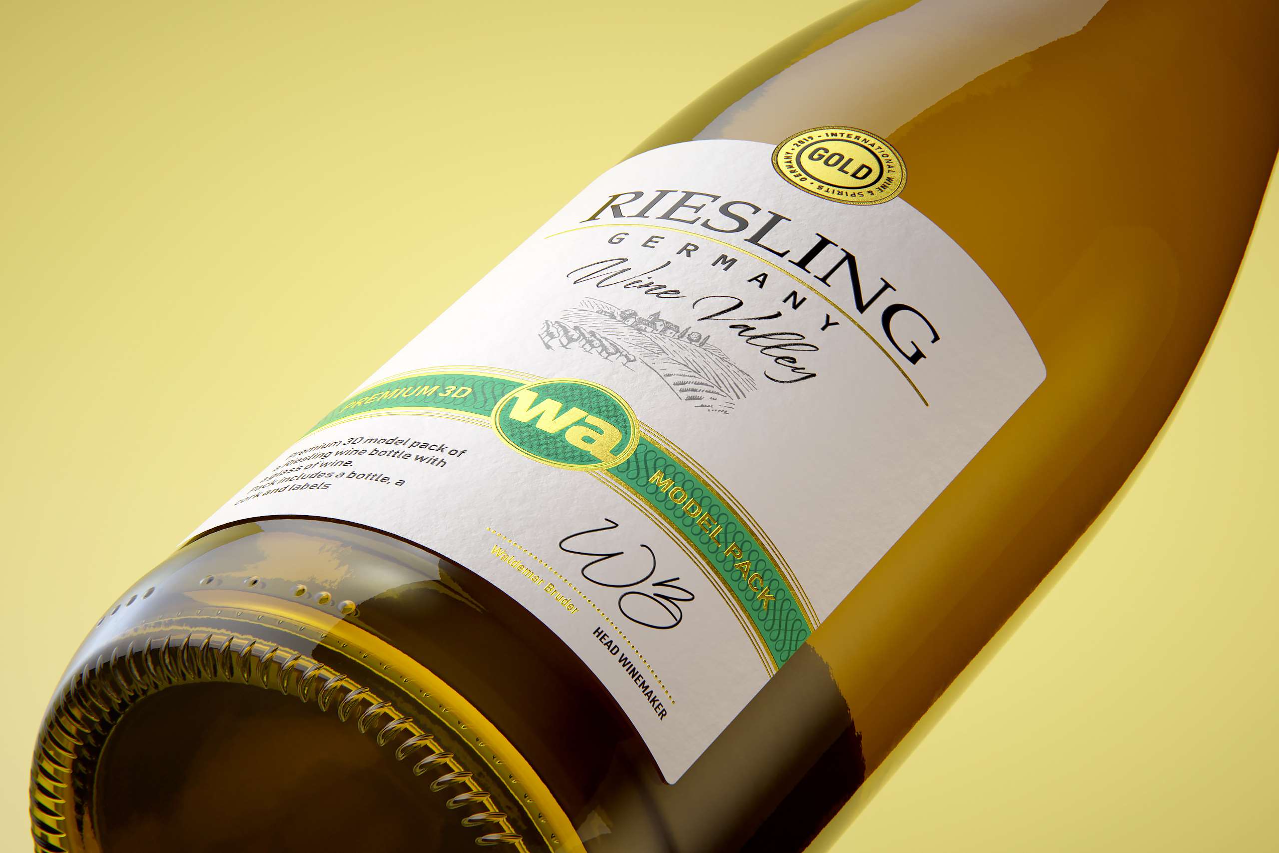 Riesling wine bottle 750ml with a cork and labels Premium 3D model pack