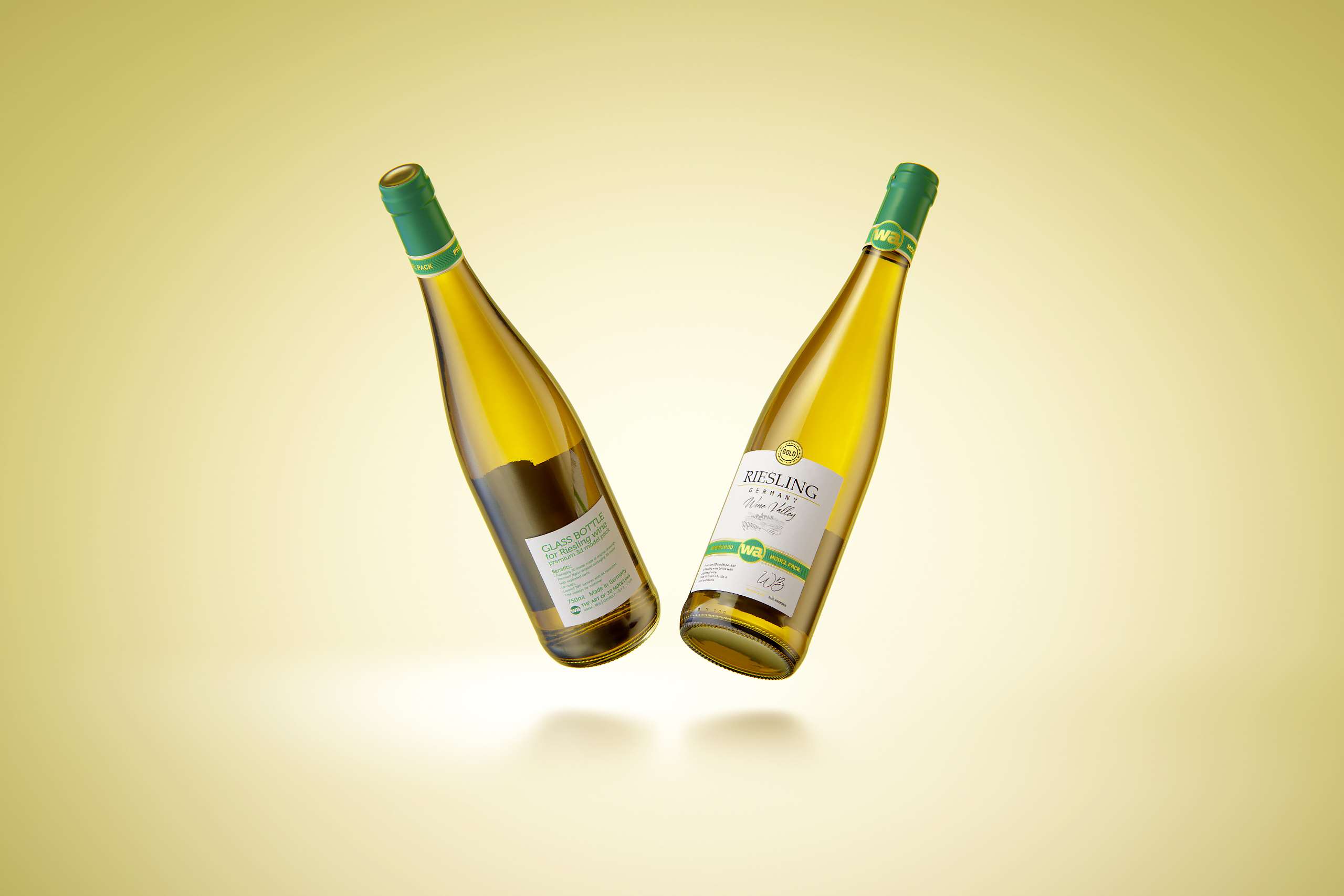 Riesling wine bottle 750ml with a cork and labels Premium 3D model pack