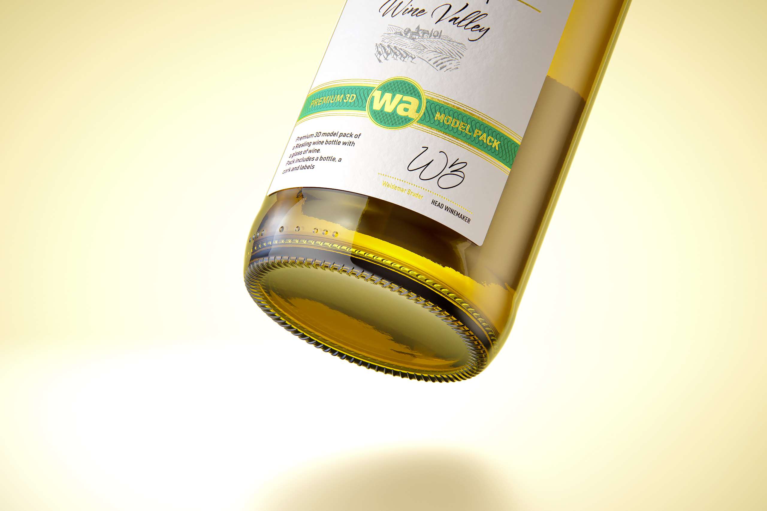 Riesling wine bottle 750ml with a cork and labels Premium 3D model pack
