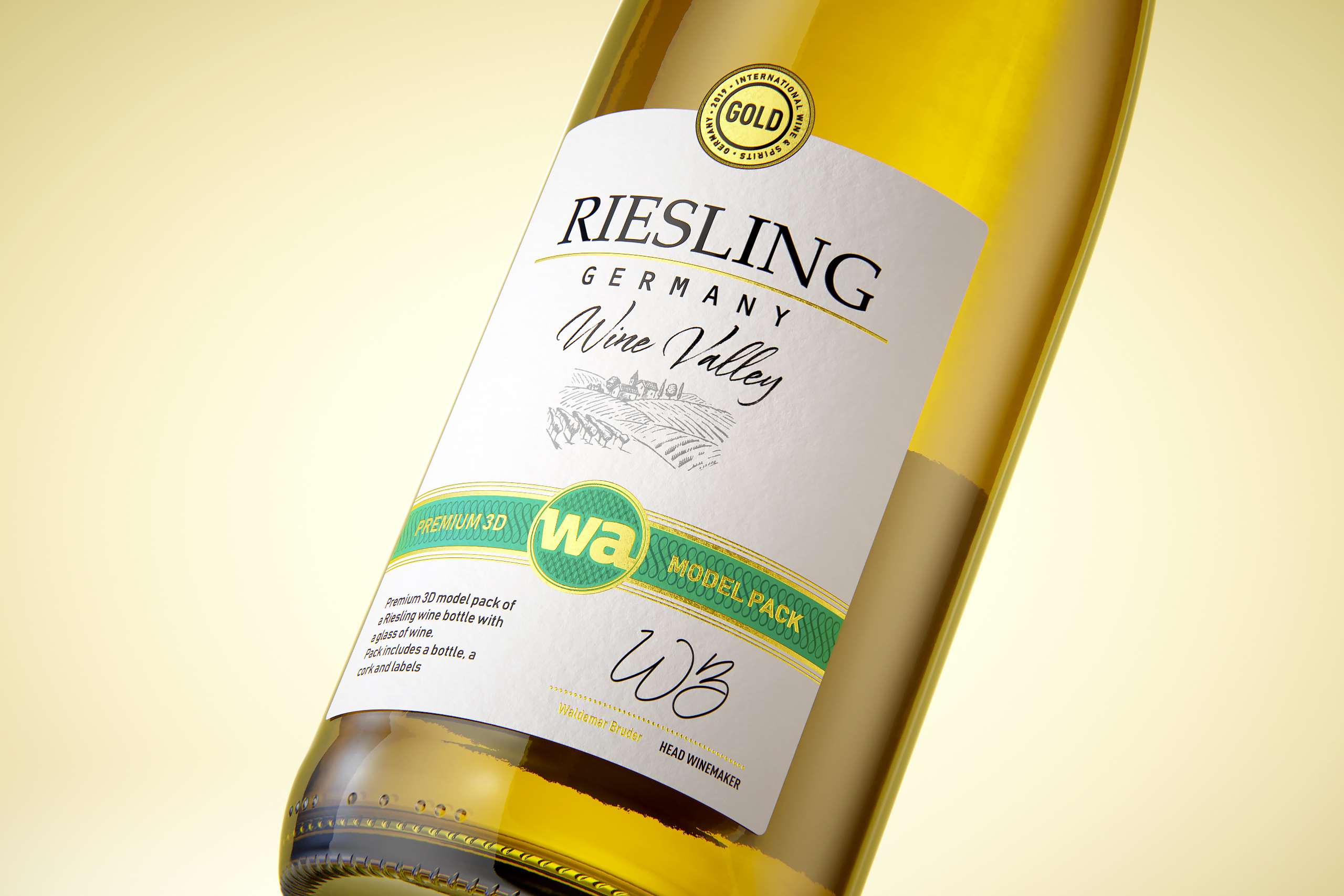Riesling wine bottle 750ml with a cork and labels Premium 3D model pack