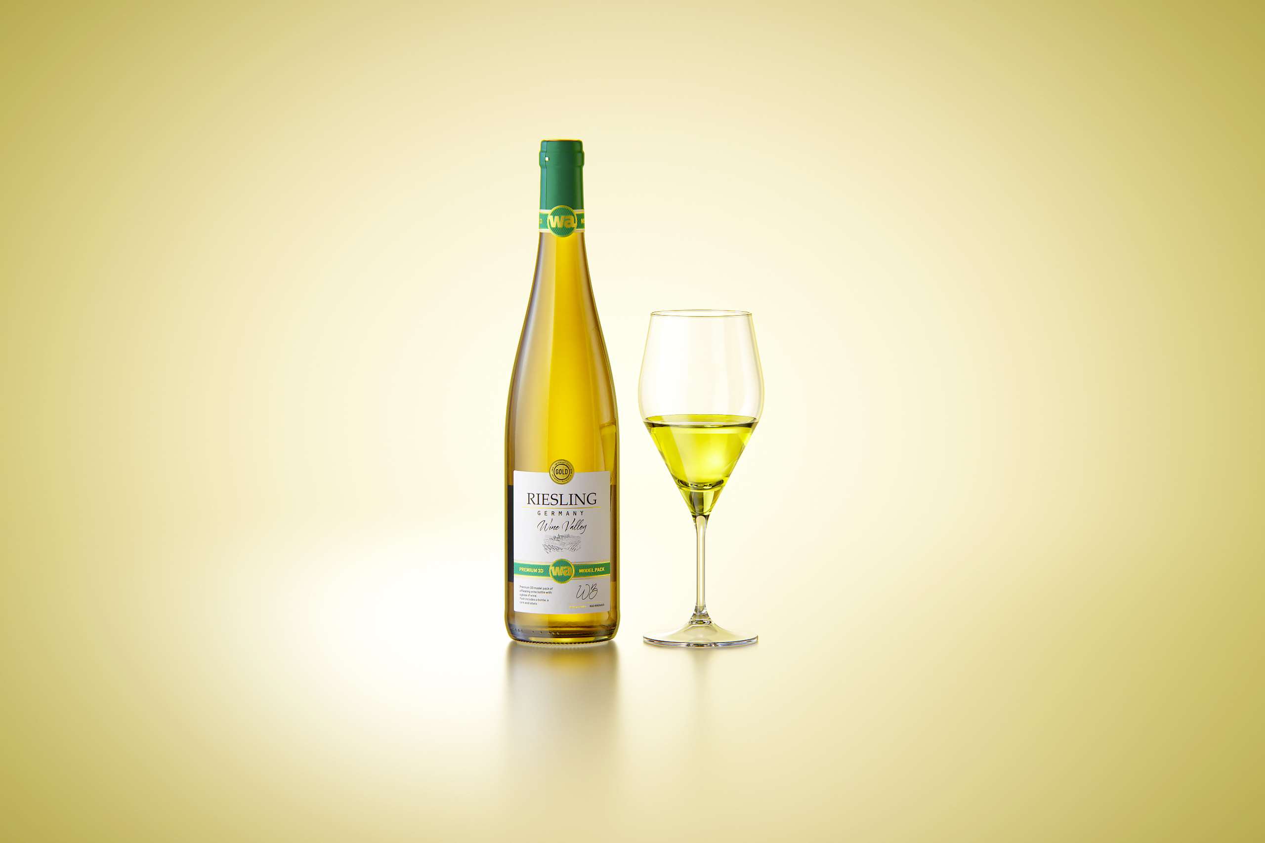 Riesling wine bottle 750ml with a cork and labels Premium 3D model pack