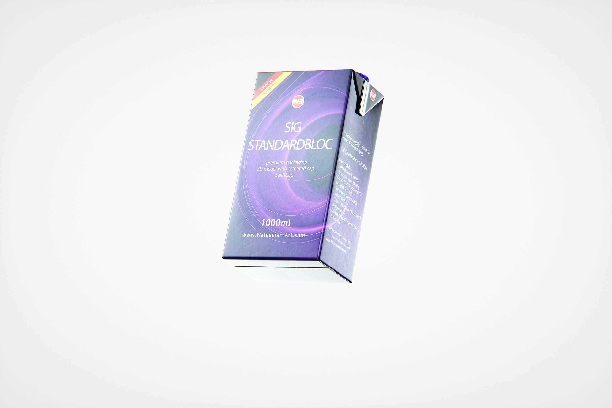 Premium packaging 3D model of SIG StandardBloc 1000ml with a tethered cap SwiftCap