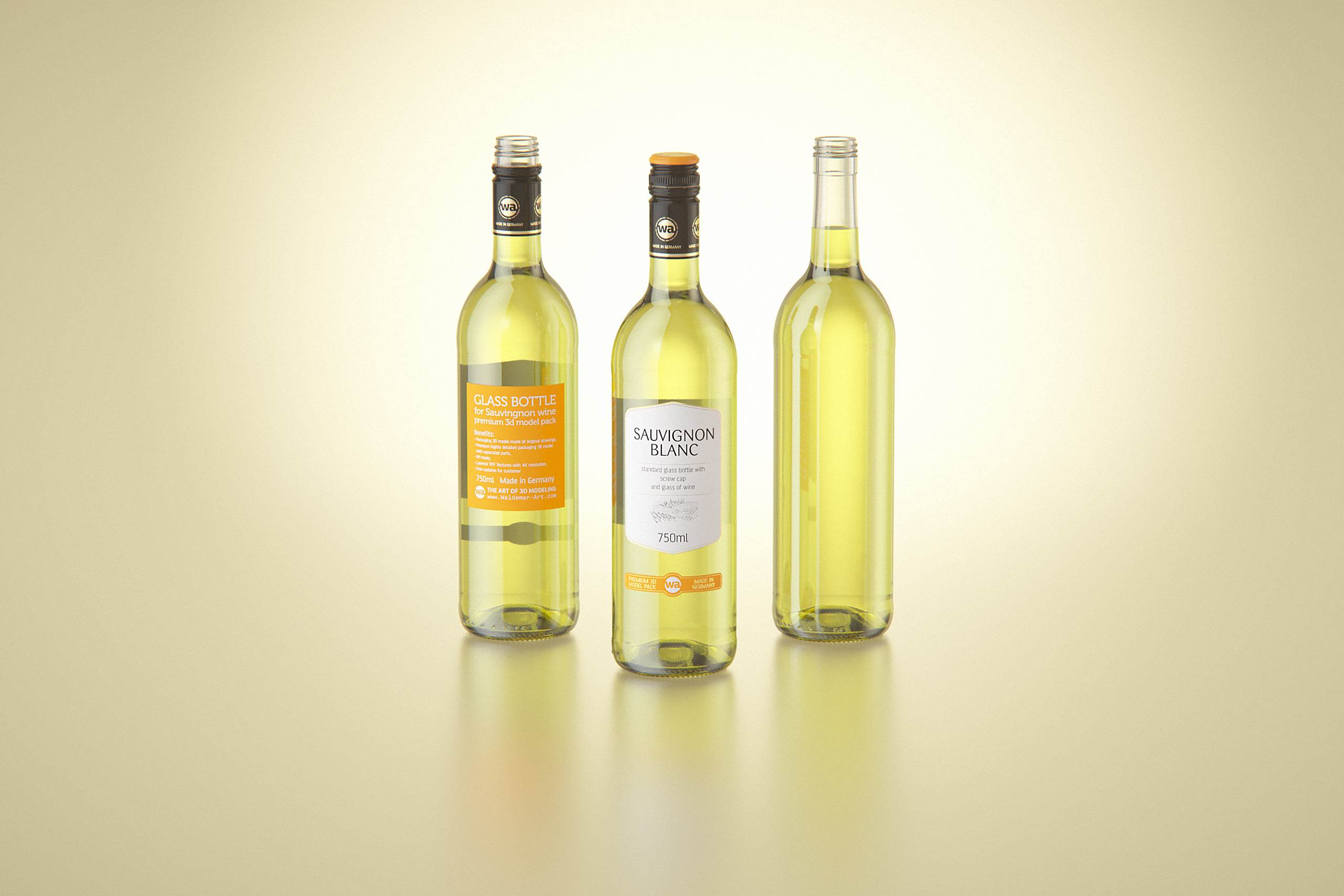 3D model of the Sauvignon Wine Standard Bottle 750ml with Screw Cap and glass of wine