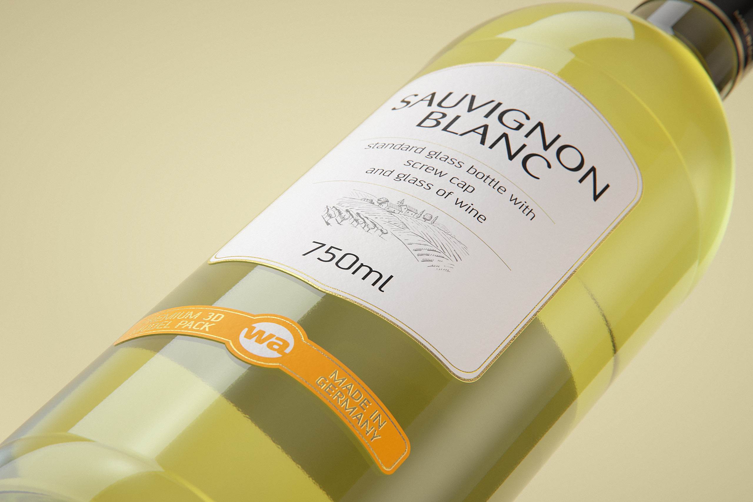 3D model of the Sauvignon Wine Standard Bottle 750ml with Screw Cap and glass of wine