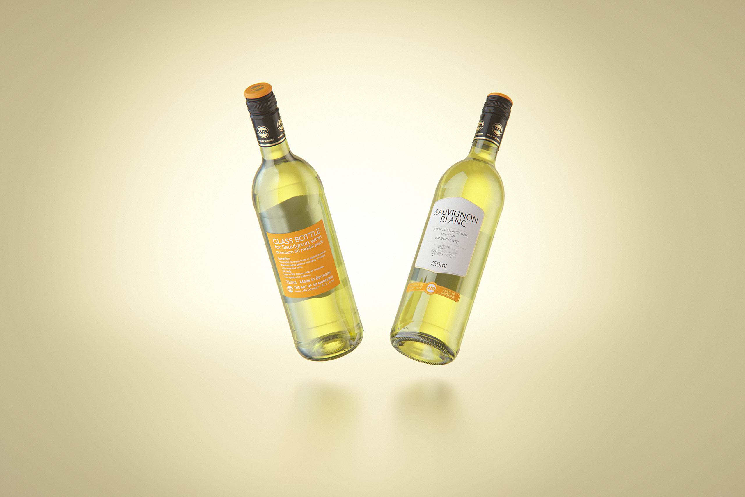 3D model of the Sauvignon Wine Standard Bottle 750ml with Screw Cap and glass of wine