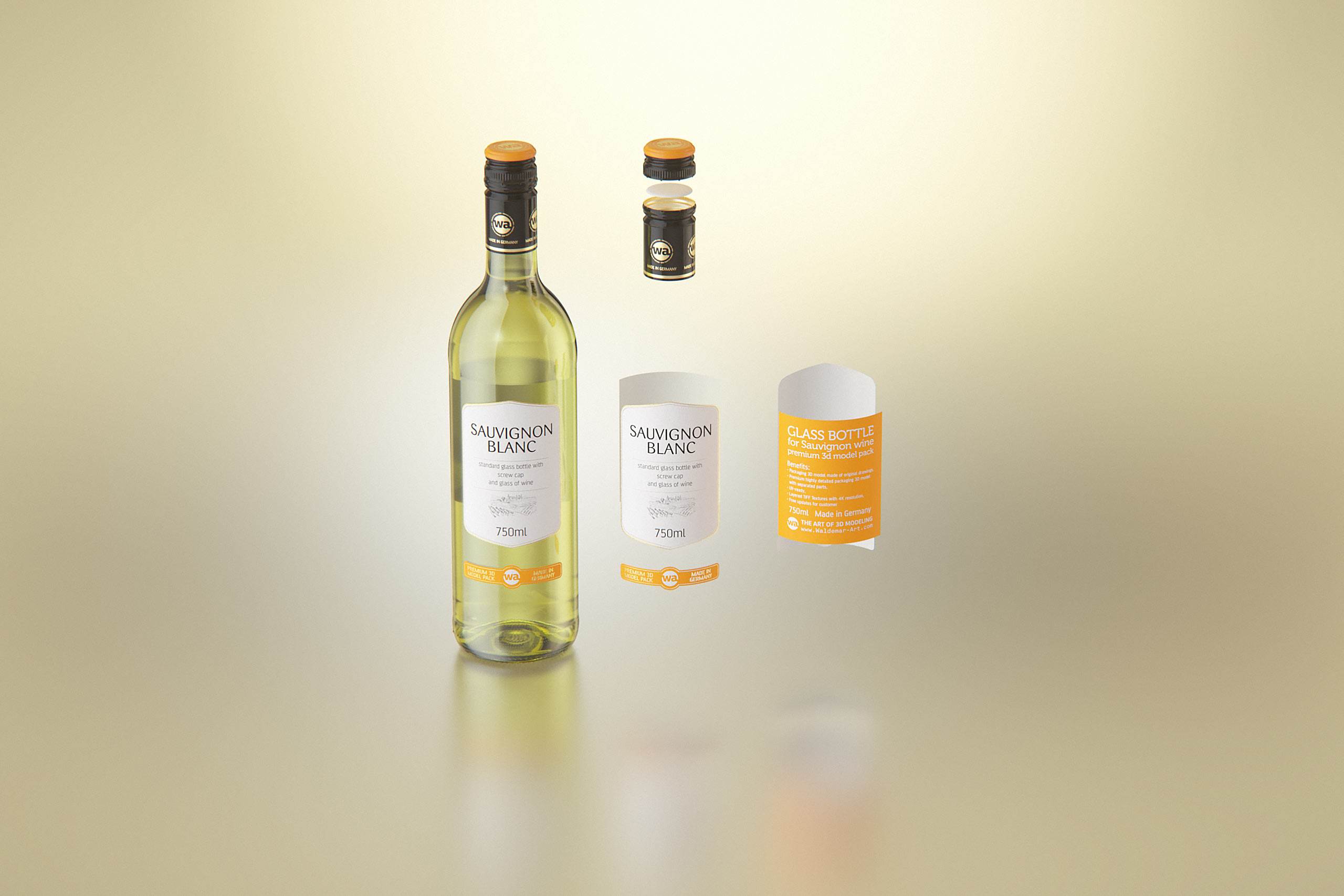 3D model of the Sauvignon Wine Standard Bottle 750ml with Screw Cap and glass of wine