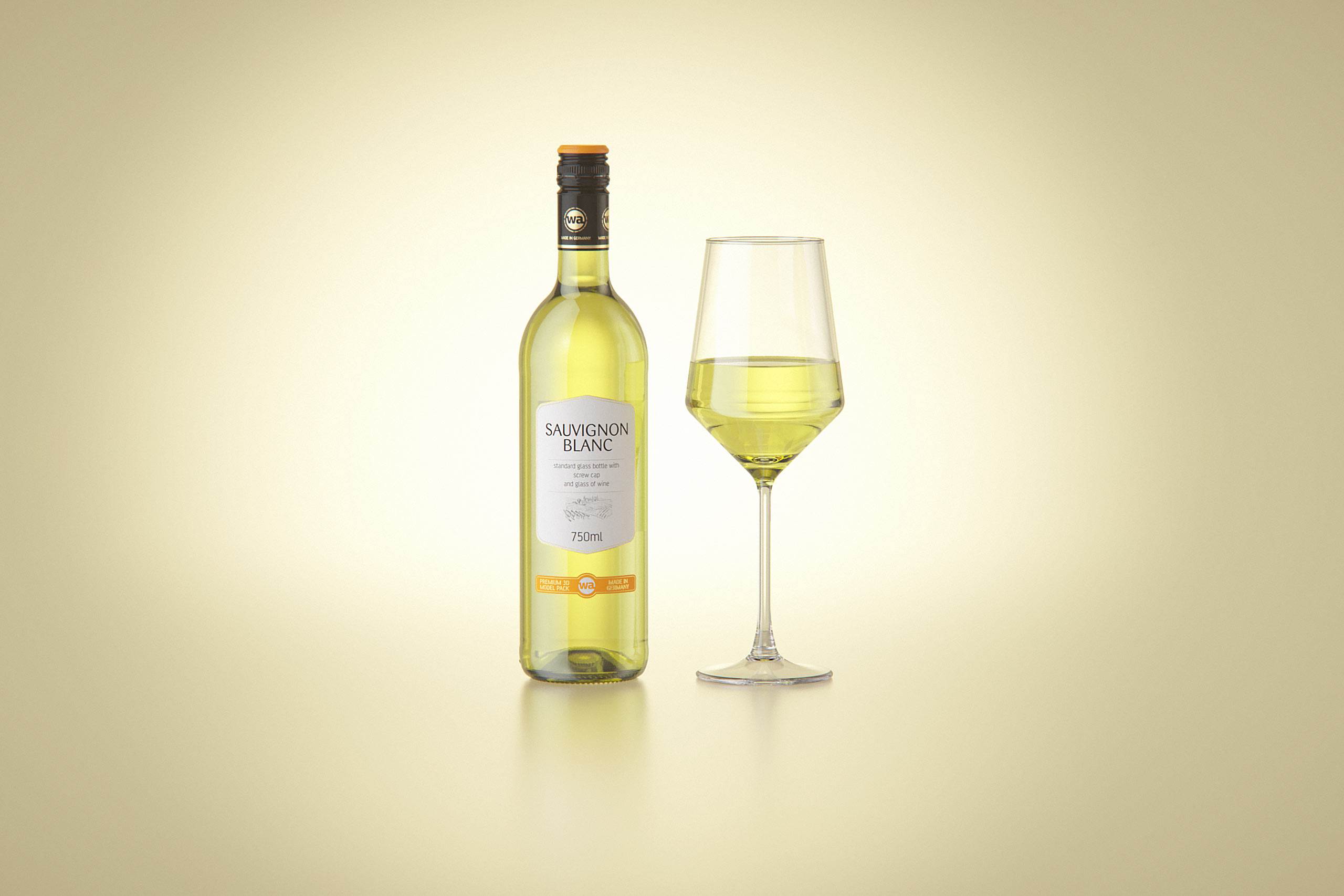 3D model of the Sauvignon Wine Standard Bottle 750ml with Screw Cap and glass of wine