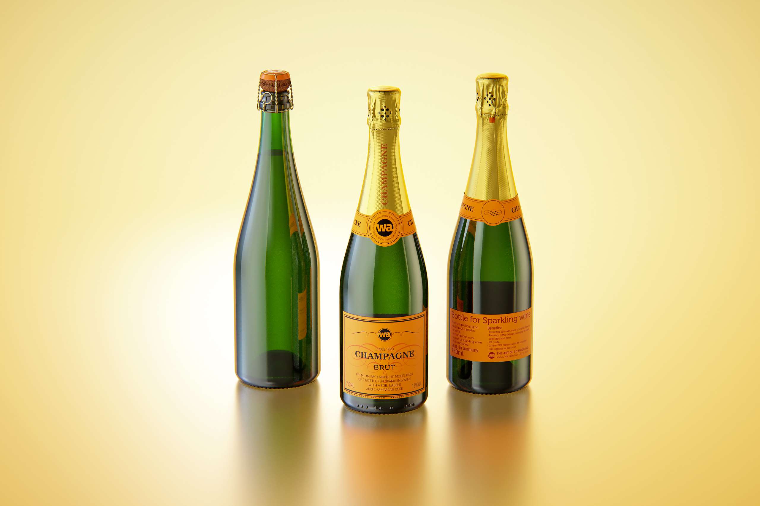 Champagne bottle 750ml 3d model for sparkling wine, with foil, labels, champagne cork and glass of sparkling wine