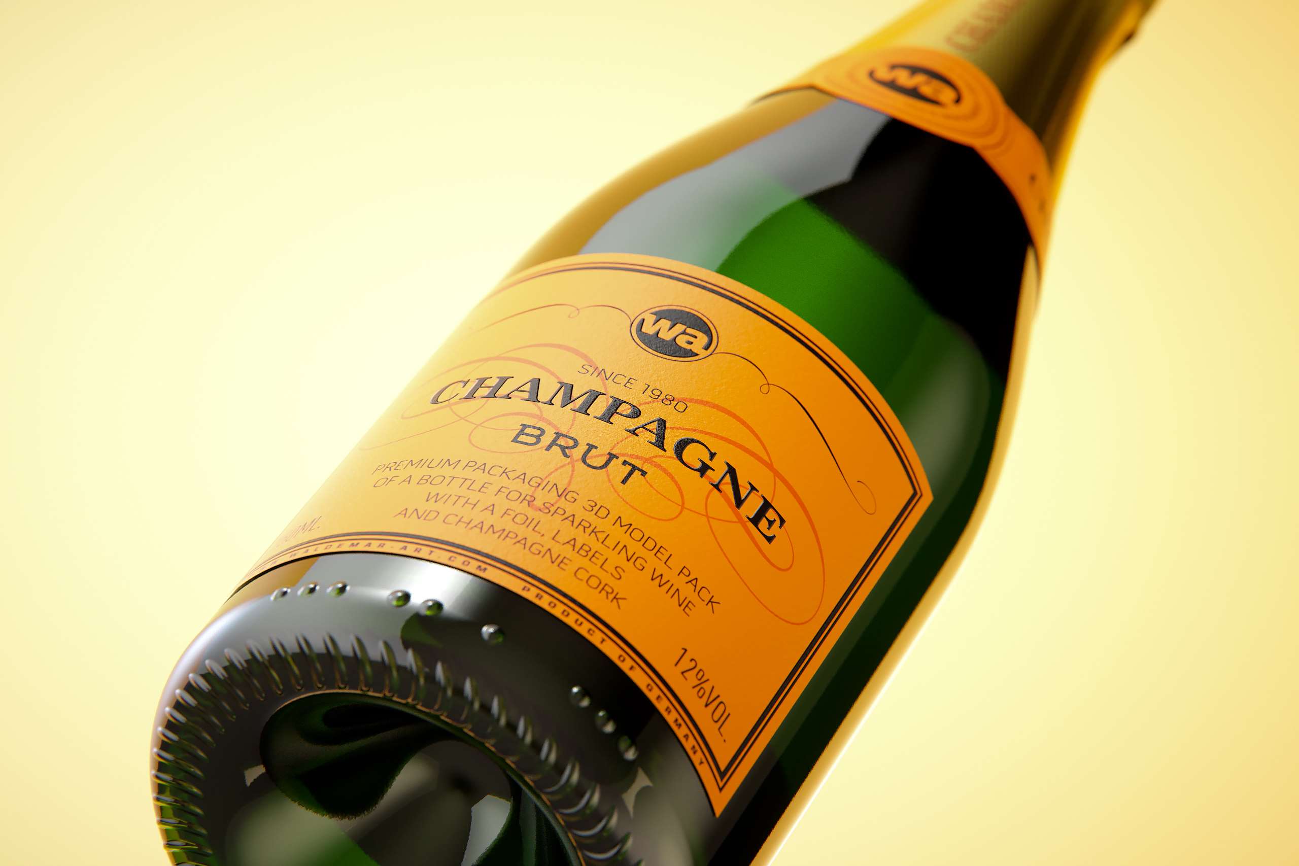 Champagne bottle 750ml 3d model for sparkling wine, with foil, labels, champagne cork and glass of sparkling wine