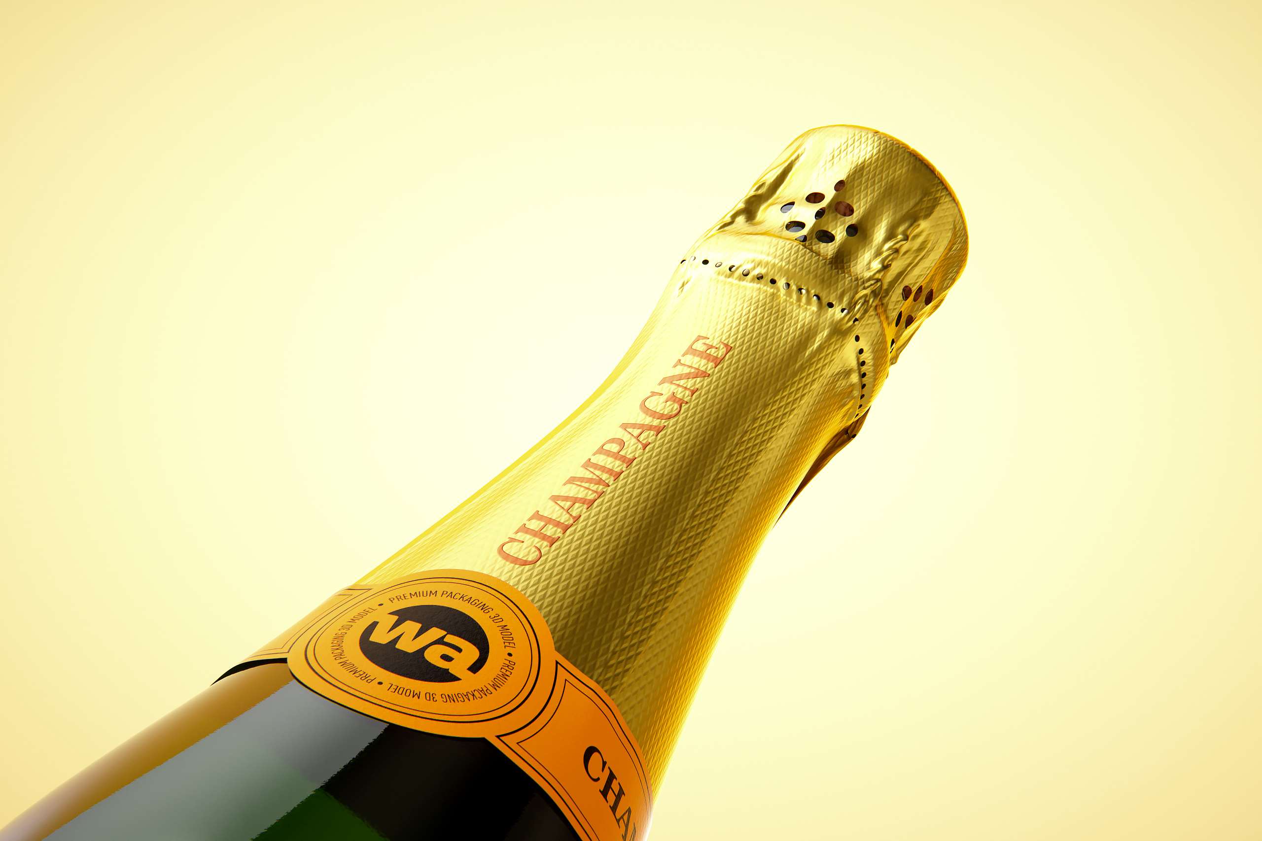 Champagne bottle 750ml 3d model for sparkling wine, with foil, labels, champagne cork and glass of sparkling wine