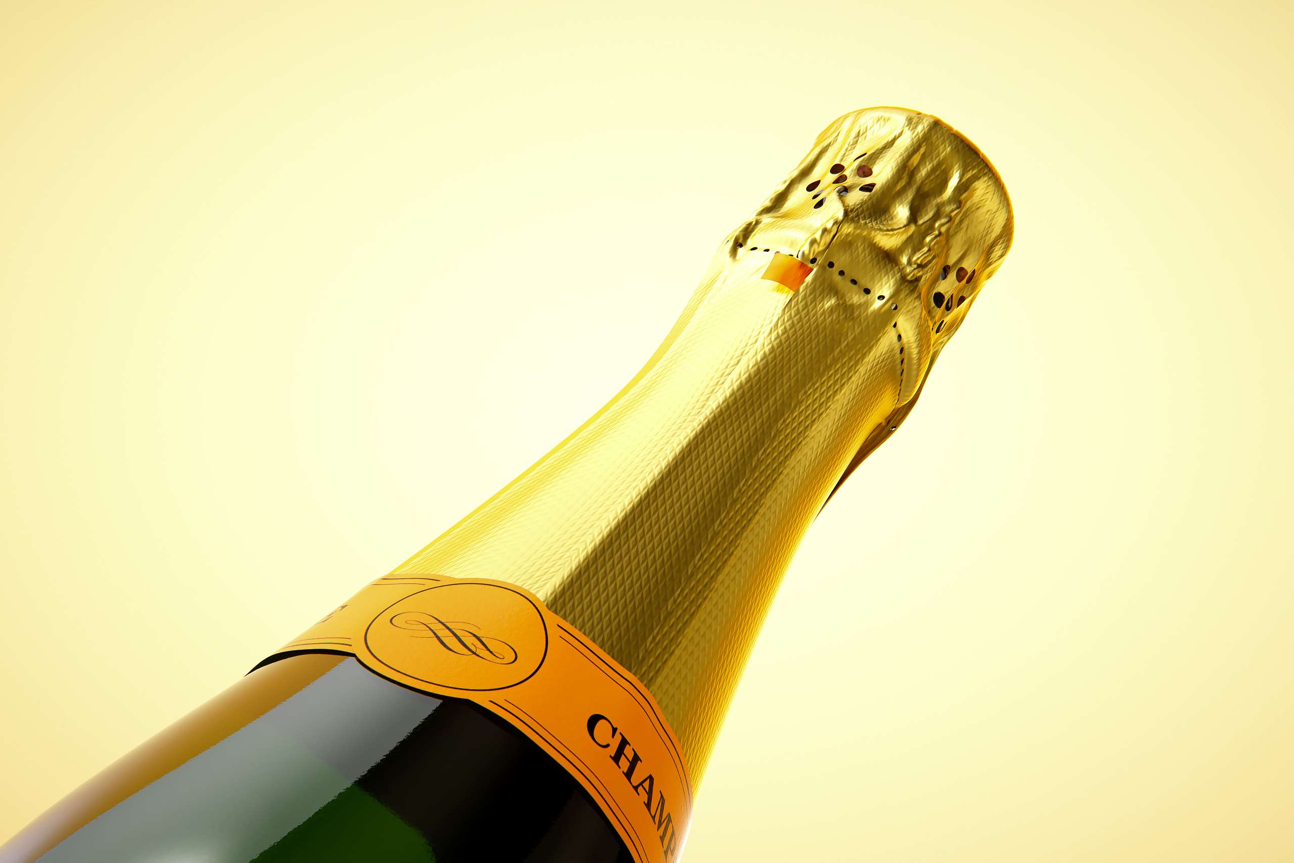 Champagne bottle 750ml 3d model for sparkling wine, with foil, labels, champagne cork and glass of sparkling wine