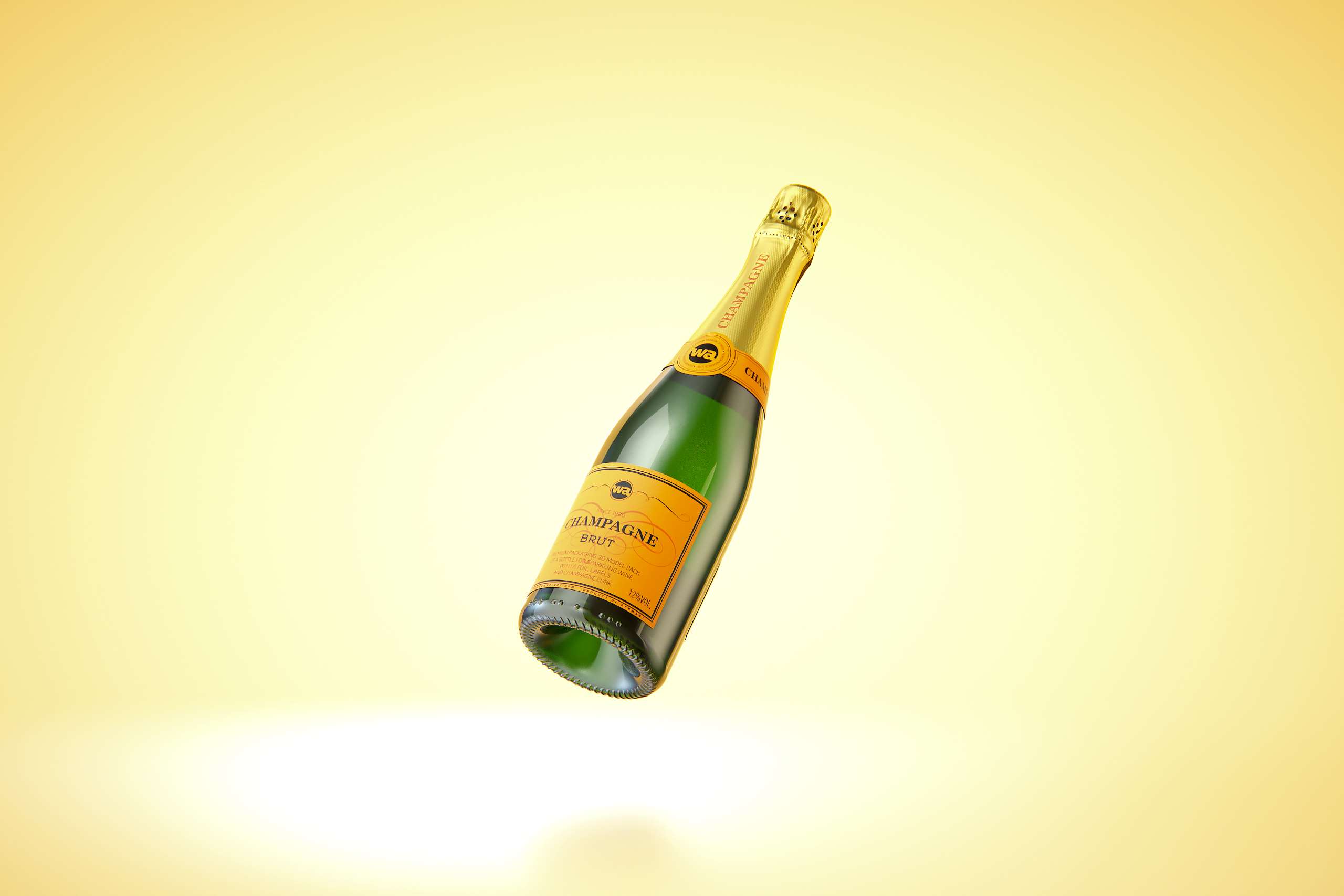 Champagne bottle 750ml 3d model for sparkling wine, with foil, labels, champagne cork and glass of sparkling wine