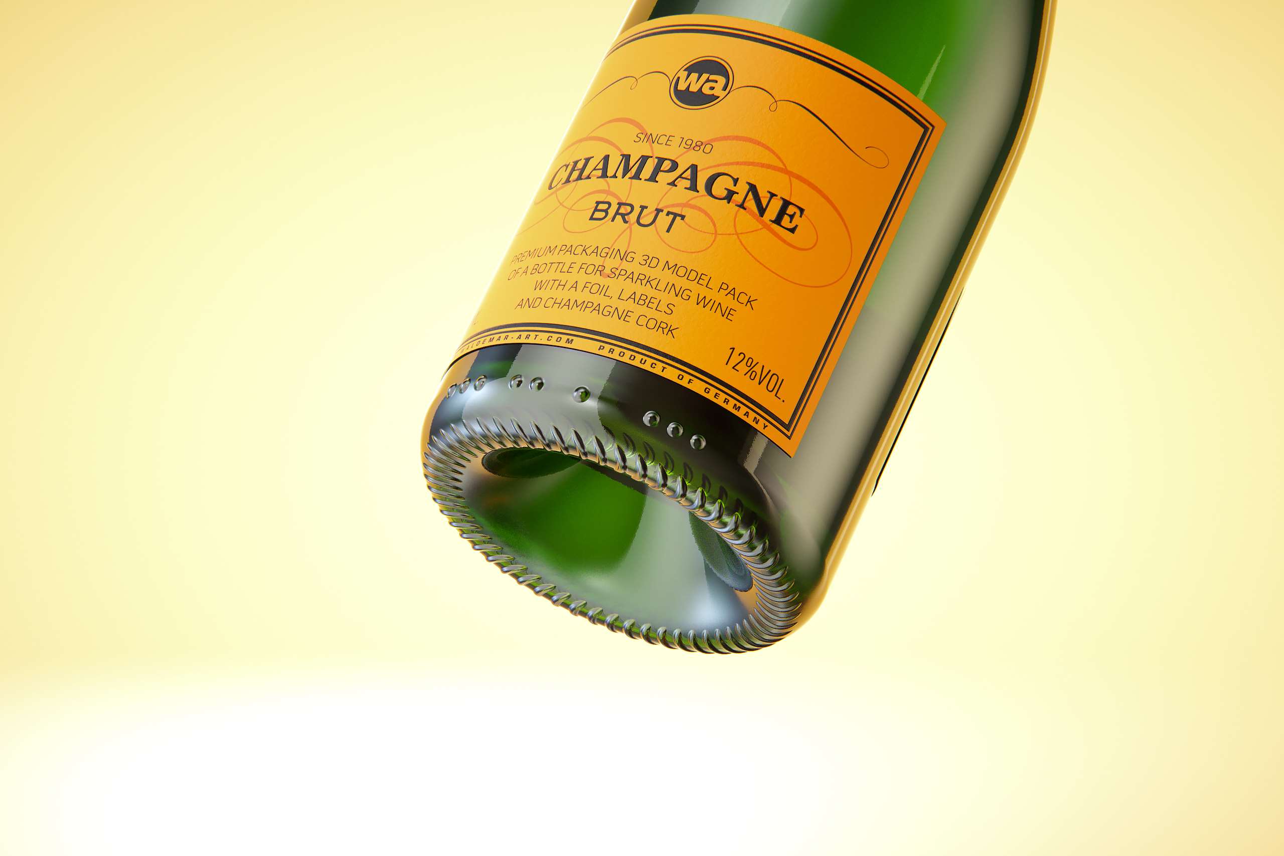 Champagne bottle 750ml 3d model for sparkling wine, with foil, labels, champagne cork and glass of sparkling wine