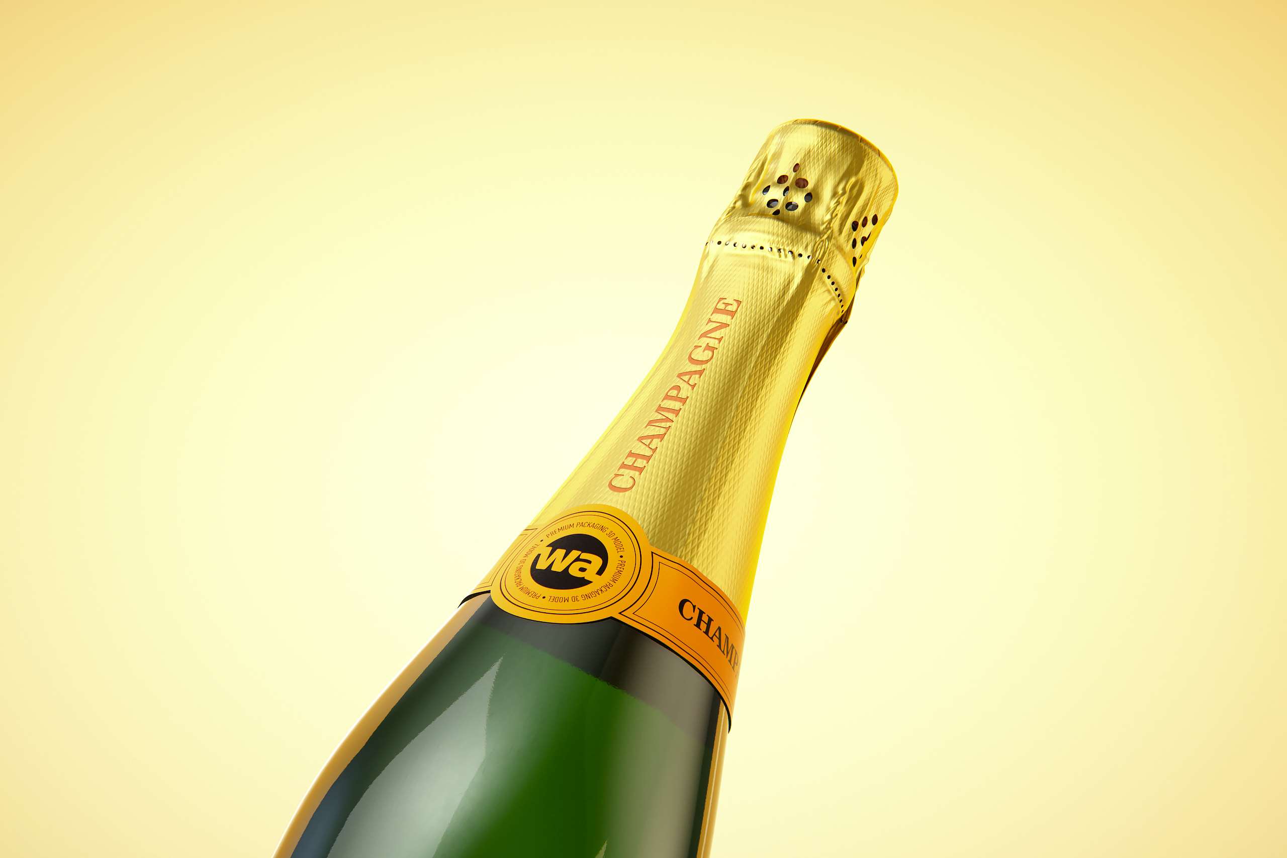Champagne bottle 750ml 3d model for sparkling wine, with foil, labels, champagne cork and glass of sparkling wine