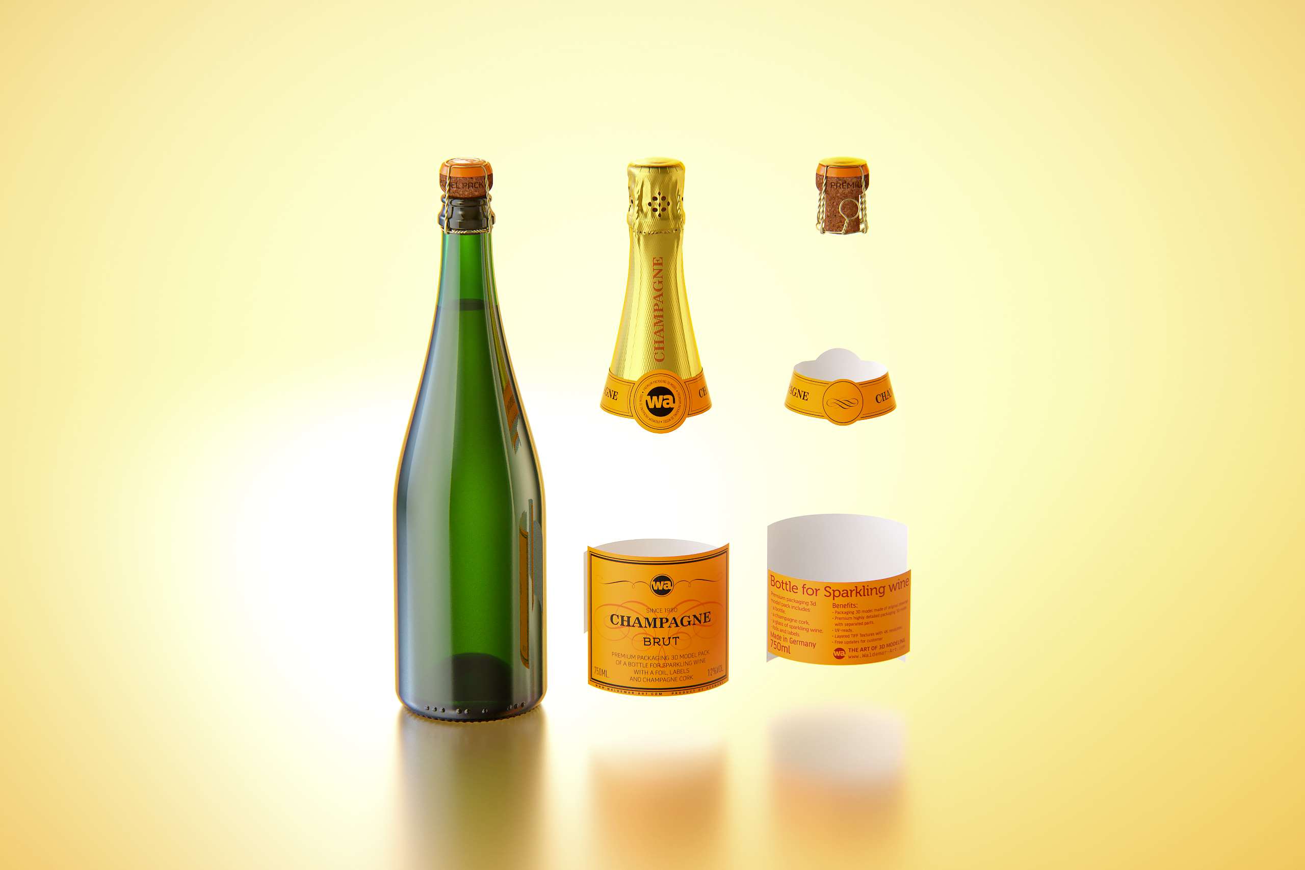 Champagne bottle 750ml 3d model for sparkling wine, with foil, labels, champagne cork and glass of sparkling wine