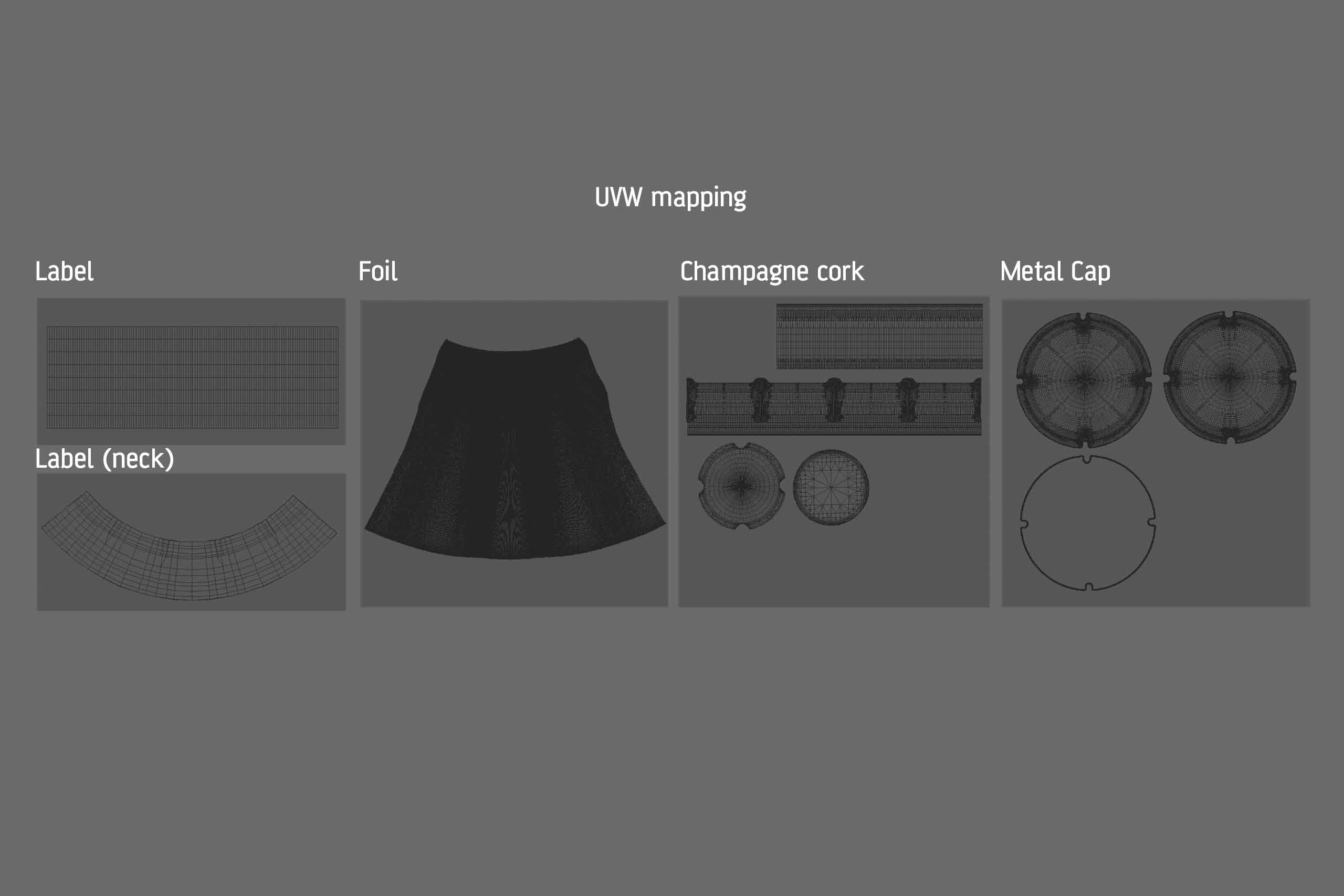 Champagne bottle 750ml 3d model for sparkling wine, with foil, labels, champagne cork and glass of sparkling wine