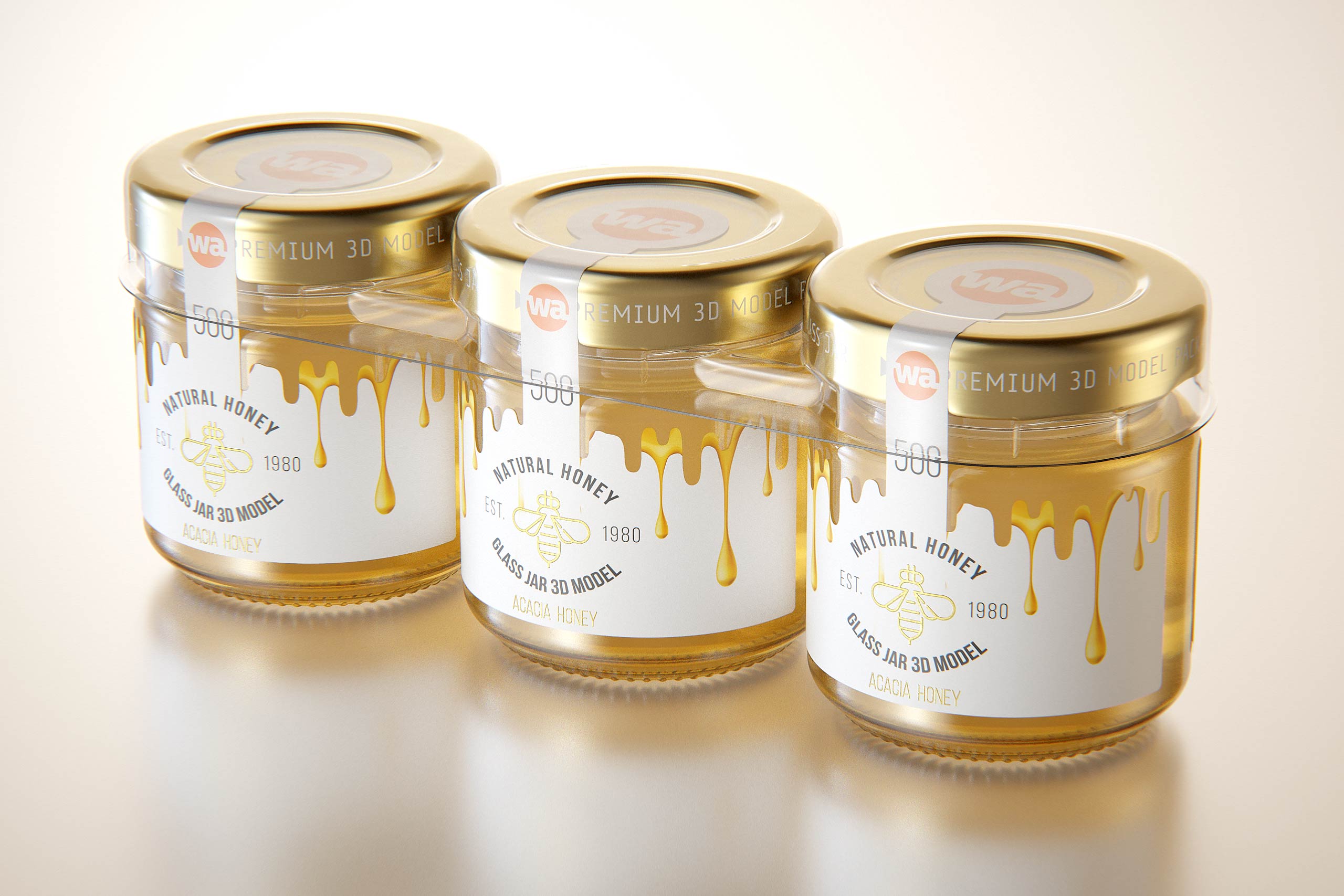 Set of x3 Acacia Honey Glass Jar 50g packaging 3d model