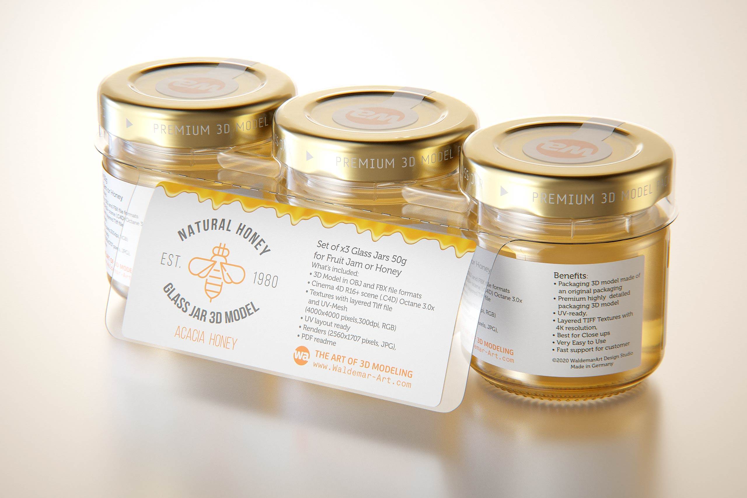 Set of x3 Acacia Honey Glass Jar 50g packaging 3d model
