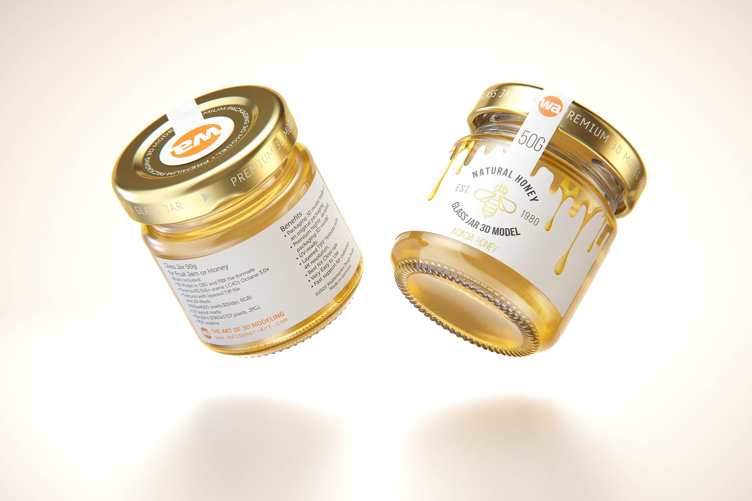 Set of x3 Acacia Honey Glass Jar 50g packaging 3d model