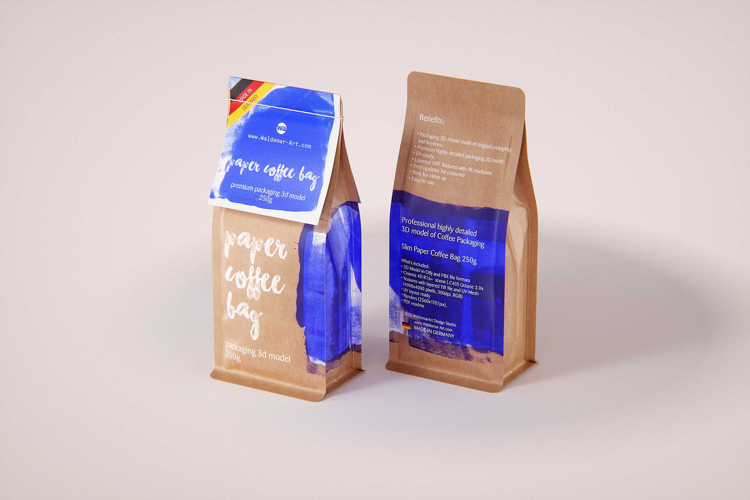 Slim Coffee Paper bag 250g with stitches and a label premium packaging 3d model