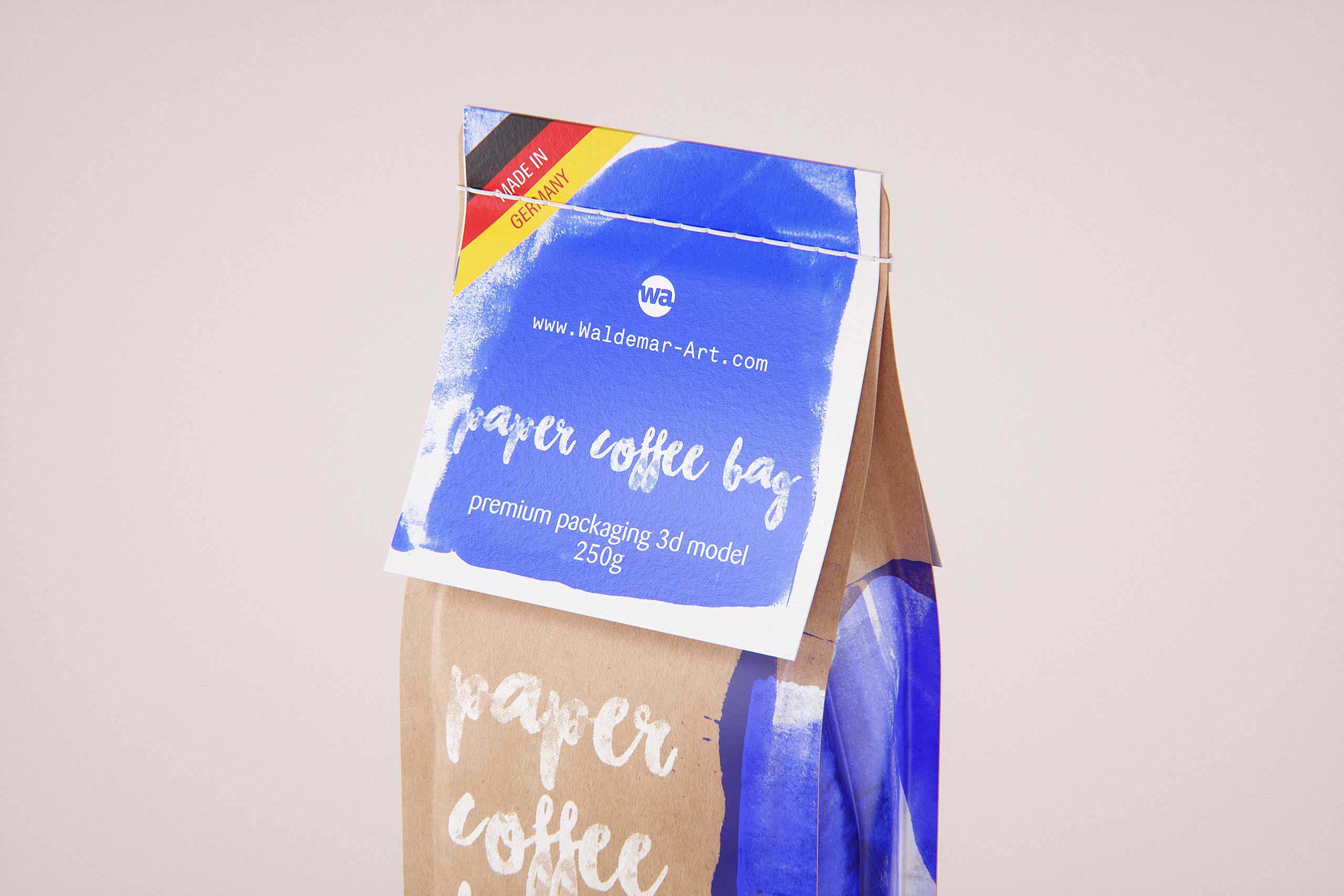 Slim Coffee Paper bag 250g with stitches and a label premium packaging 3d model