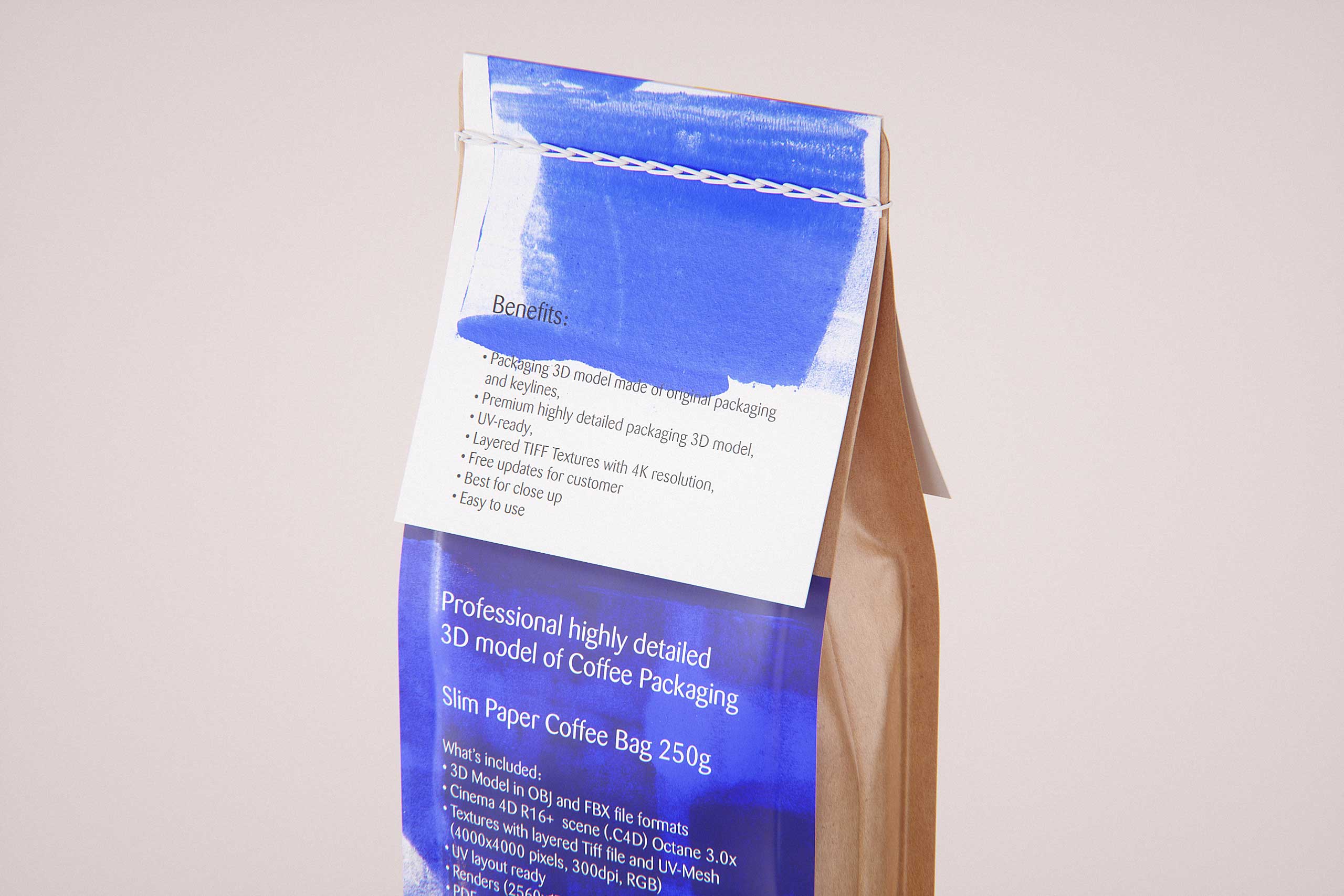 Slim Coffee Paper bag 250g with stitches and a label premium packaging 3d model