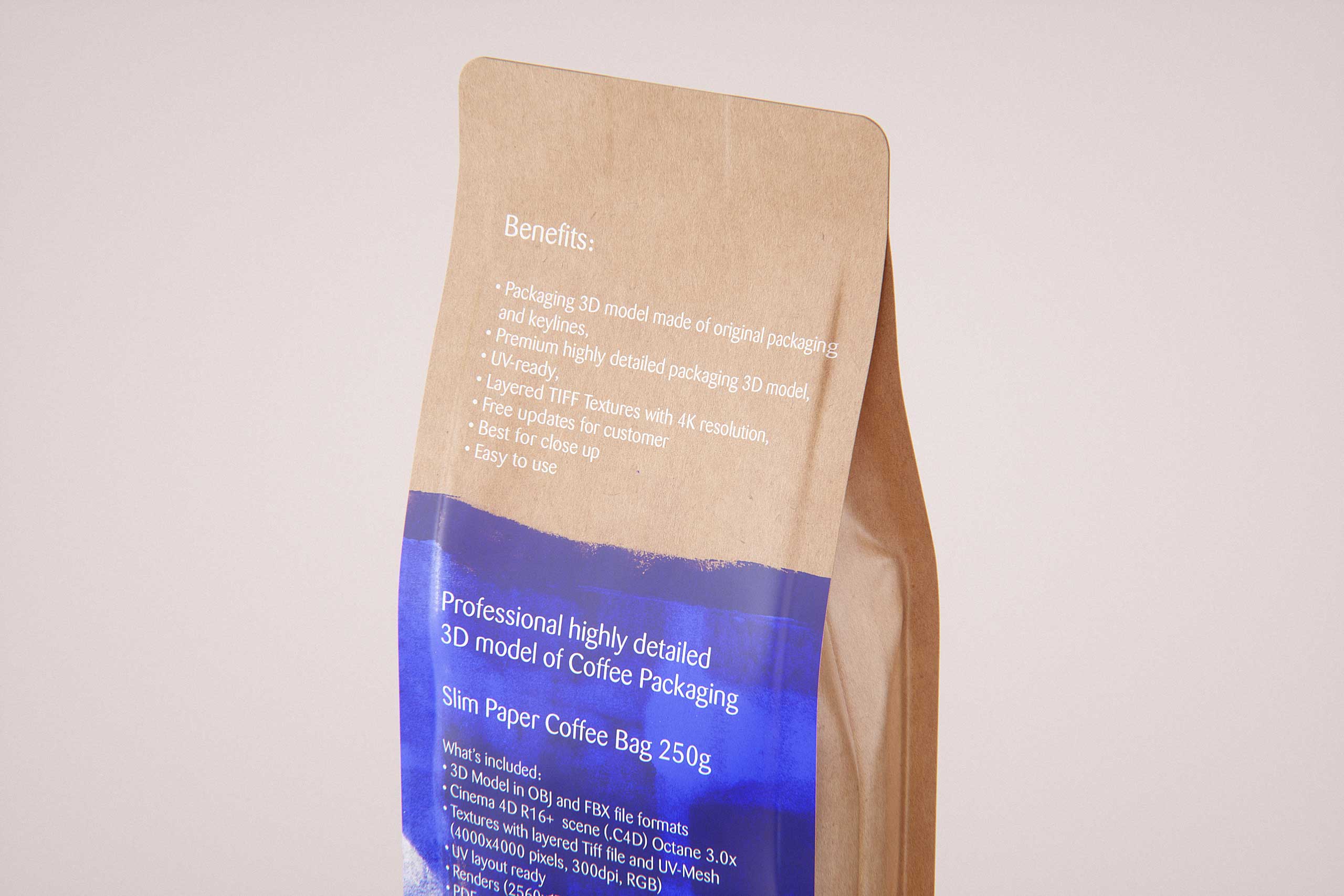 Slim Coffee Paper bag 250g with stitches and a label premium packaging 3d model