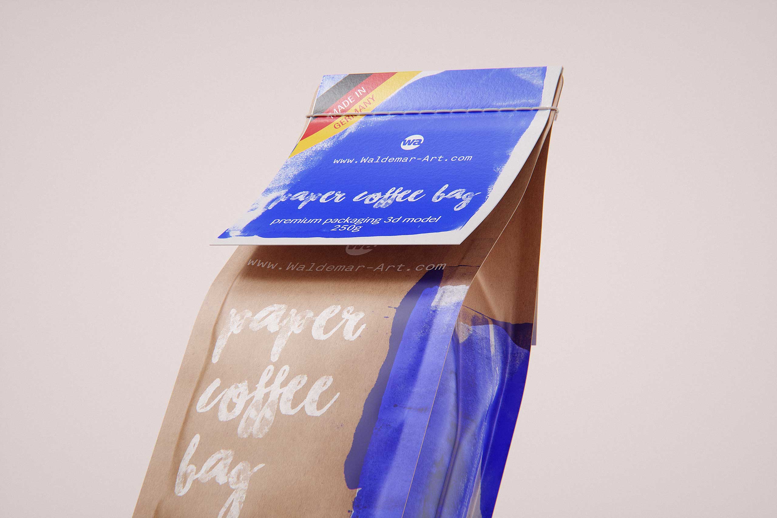 Slim Coffee Paper bag 250g with stitches and a label premium packaging 3d model