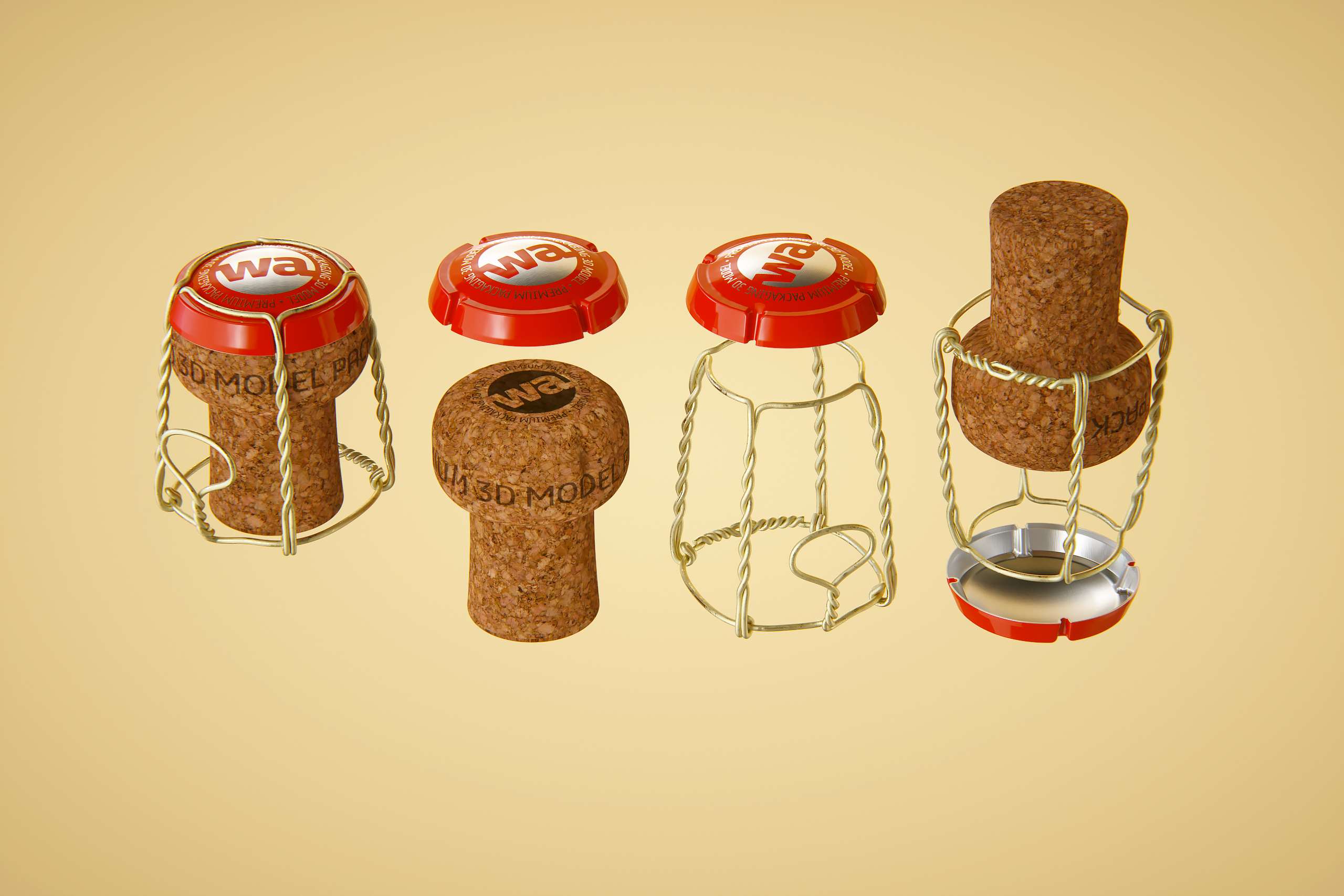 Spumante/Lambrusco/Secco bottle 750ml 3D model with Champagne cork and glass of sparkling wine