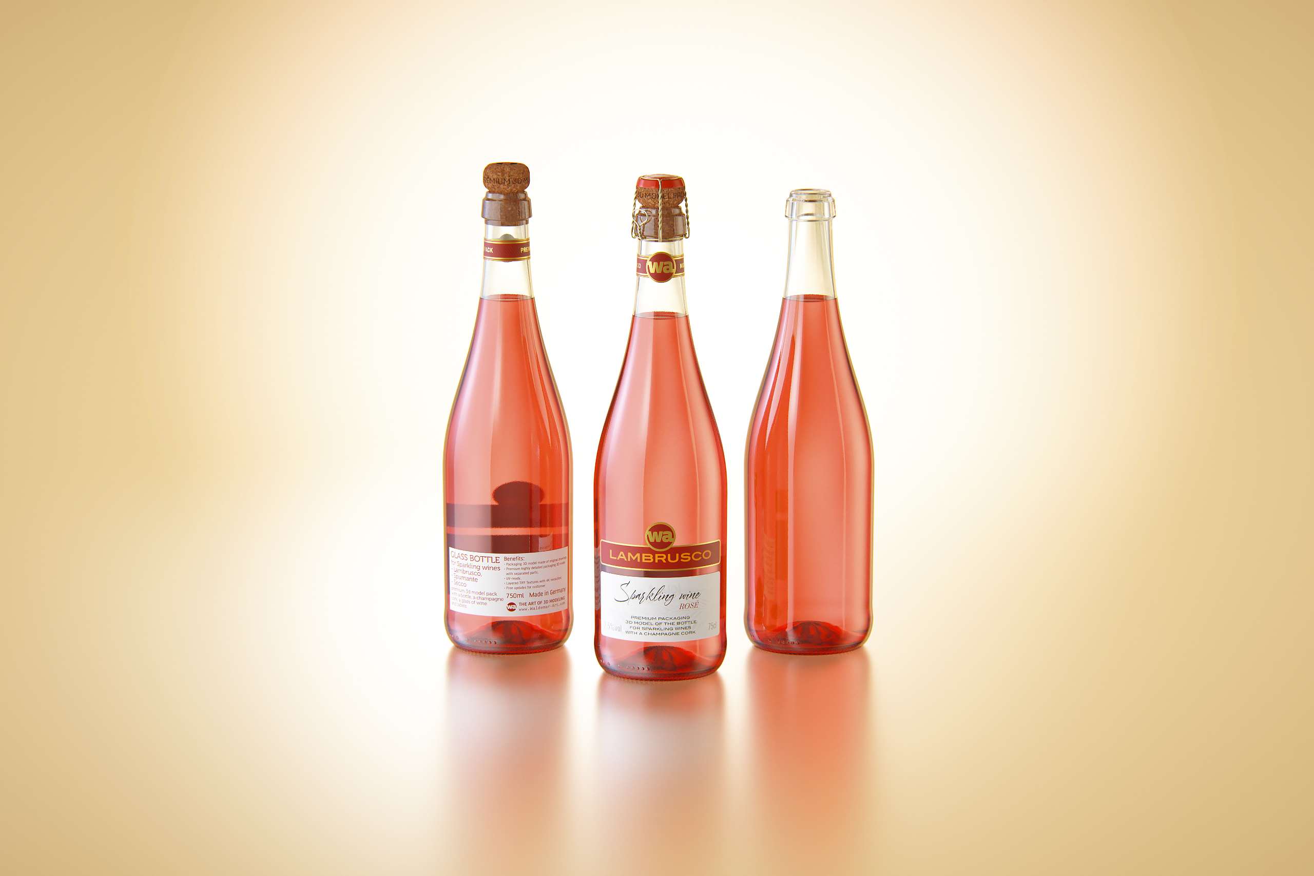 Spumante/Lambrusco/Secco bottle 750ml 3D model with Champagne cork and glass of sparkling wine