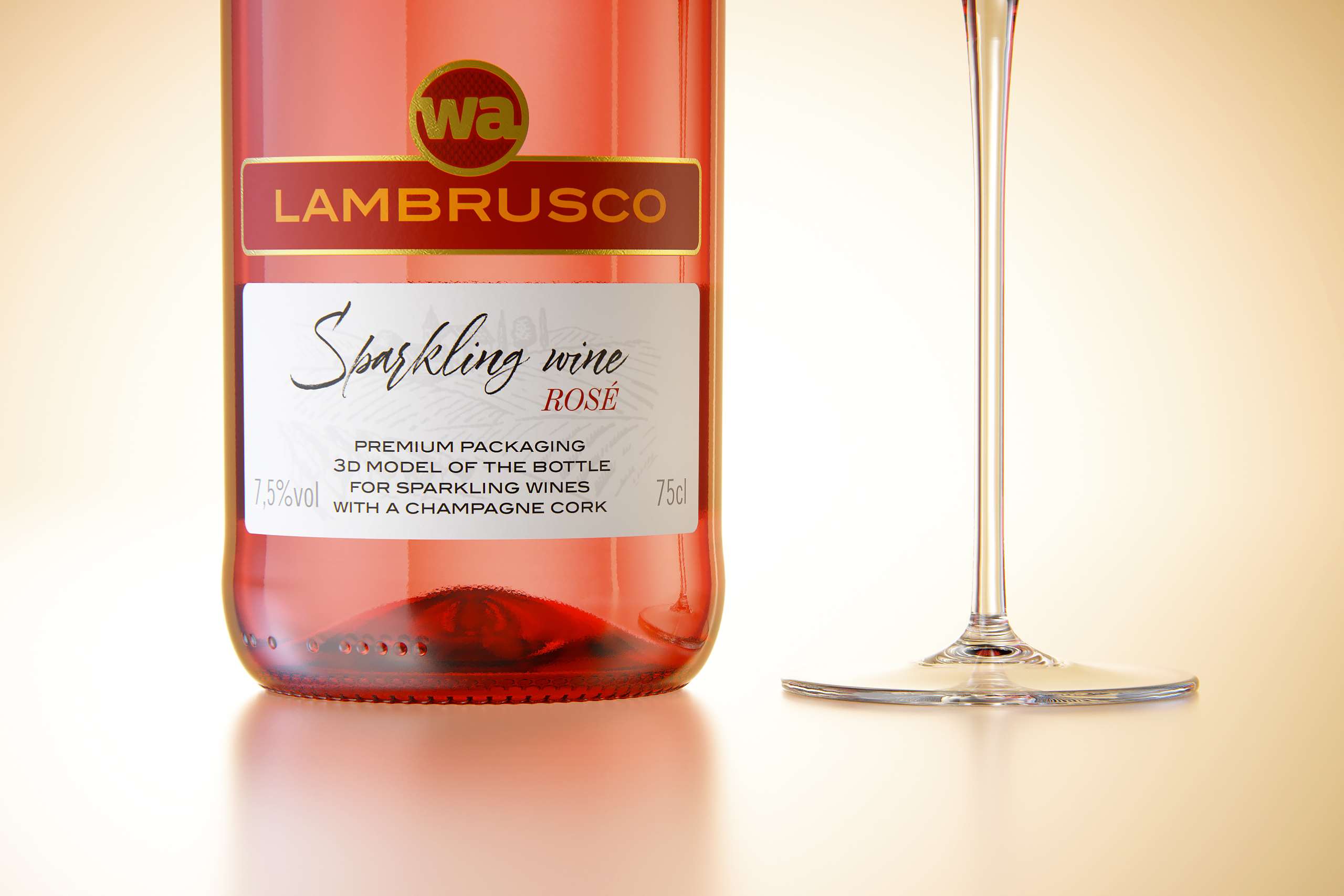 Spumante/Lambrusco/Secco bottle 750ml 3D model with Champagne cork and glass of sparkling wine