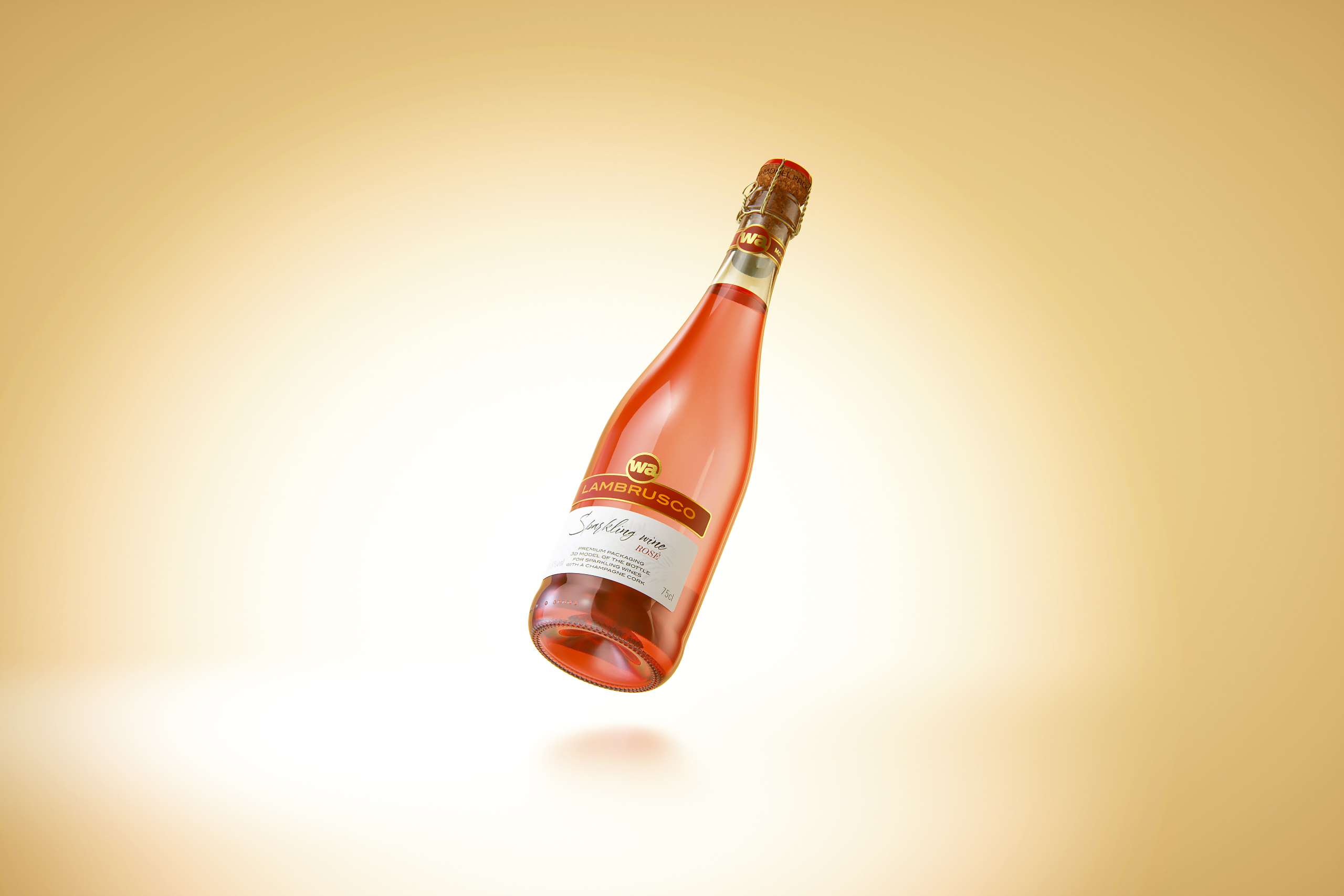 Spumante/Lambrusco/Secco bottle 750ml 3D model with Champagne cork and glass of sparkling wine