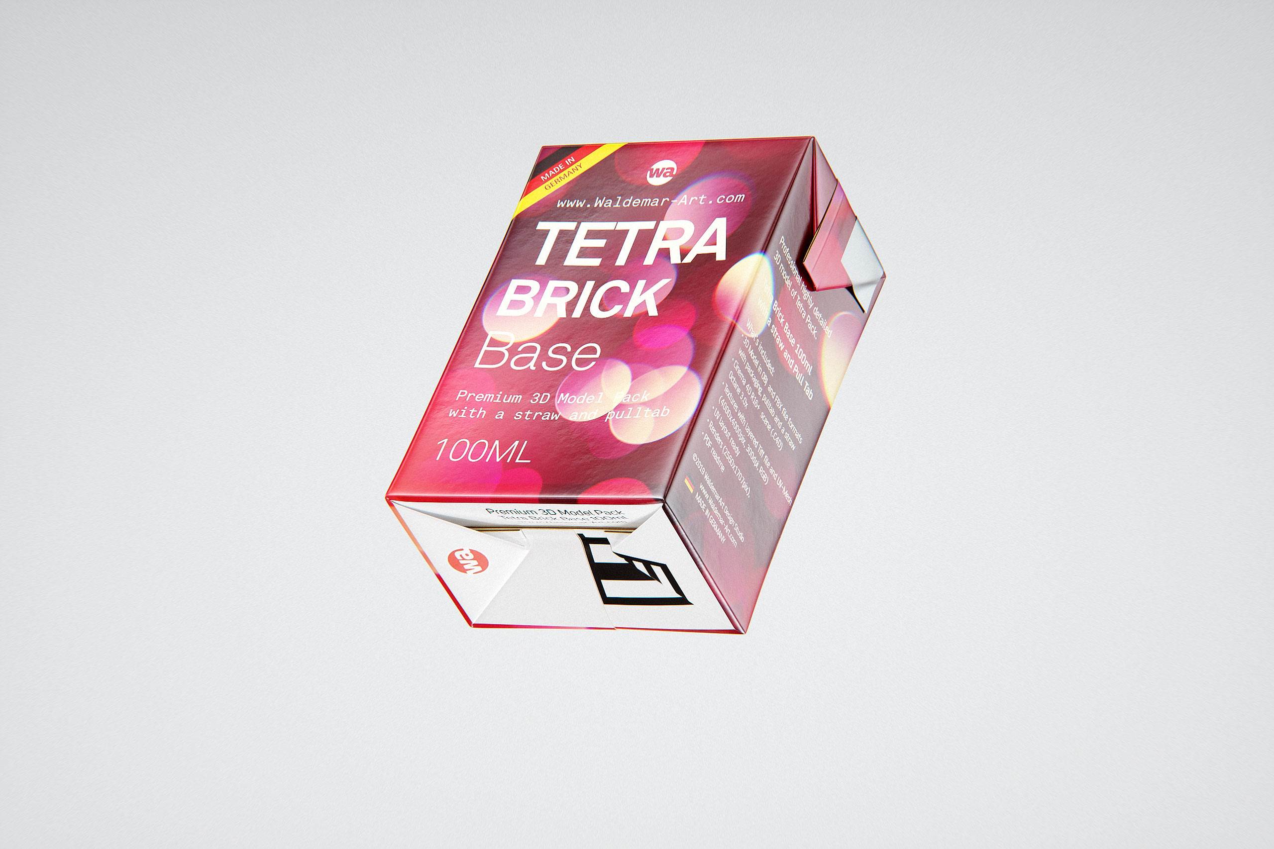 Tetra Pak Brick Base 100ml with Pull Tab and a packaged straw packaging 3d model pak