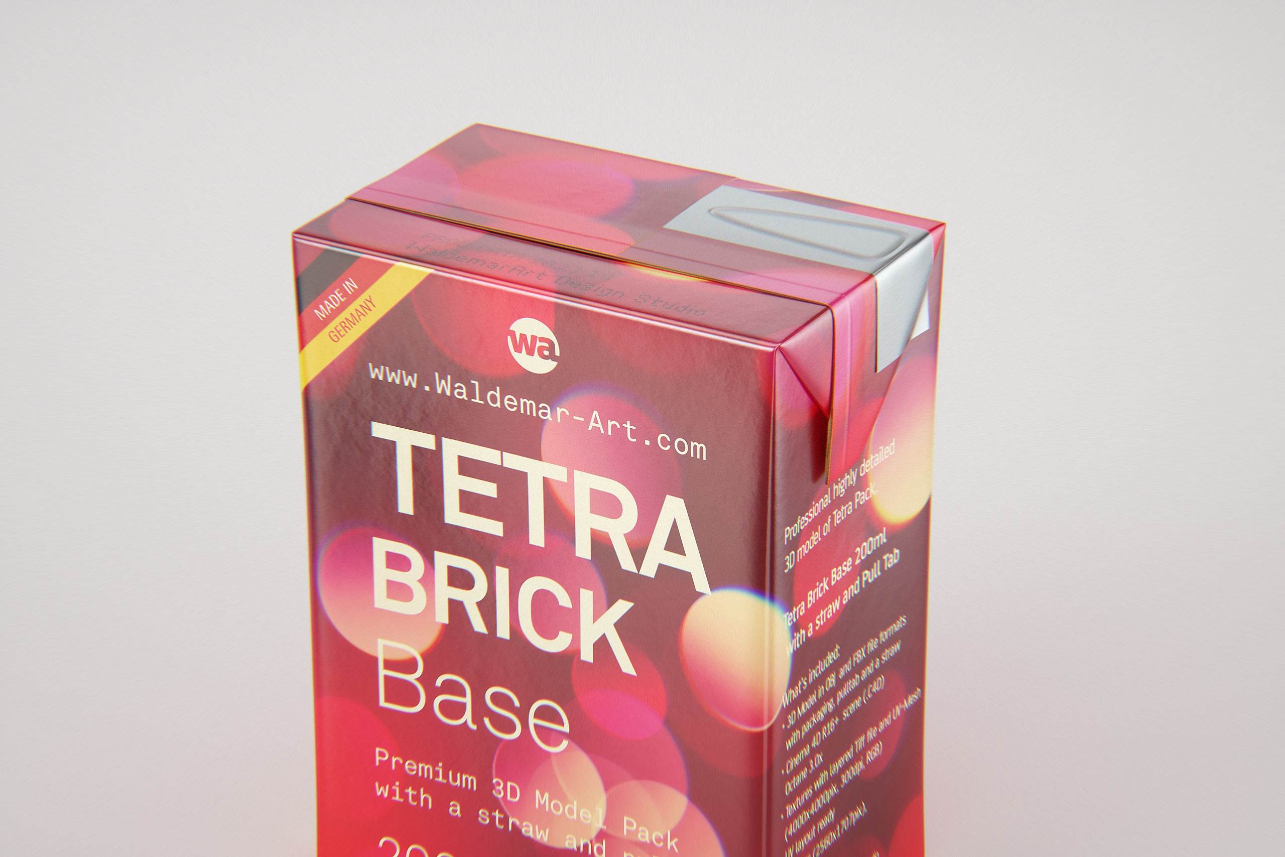 Tetra Pack Brick Base 200ml with Pull Tab and a packaged straw packaging 3d model pak