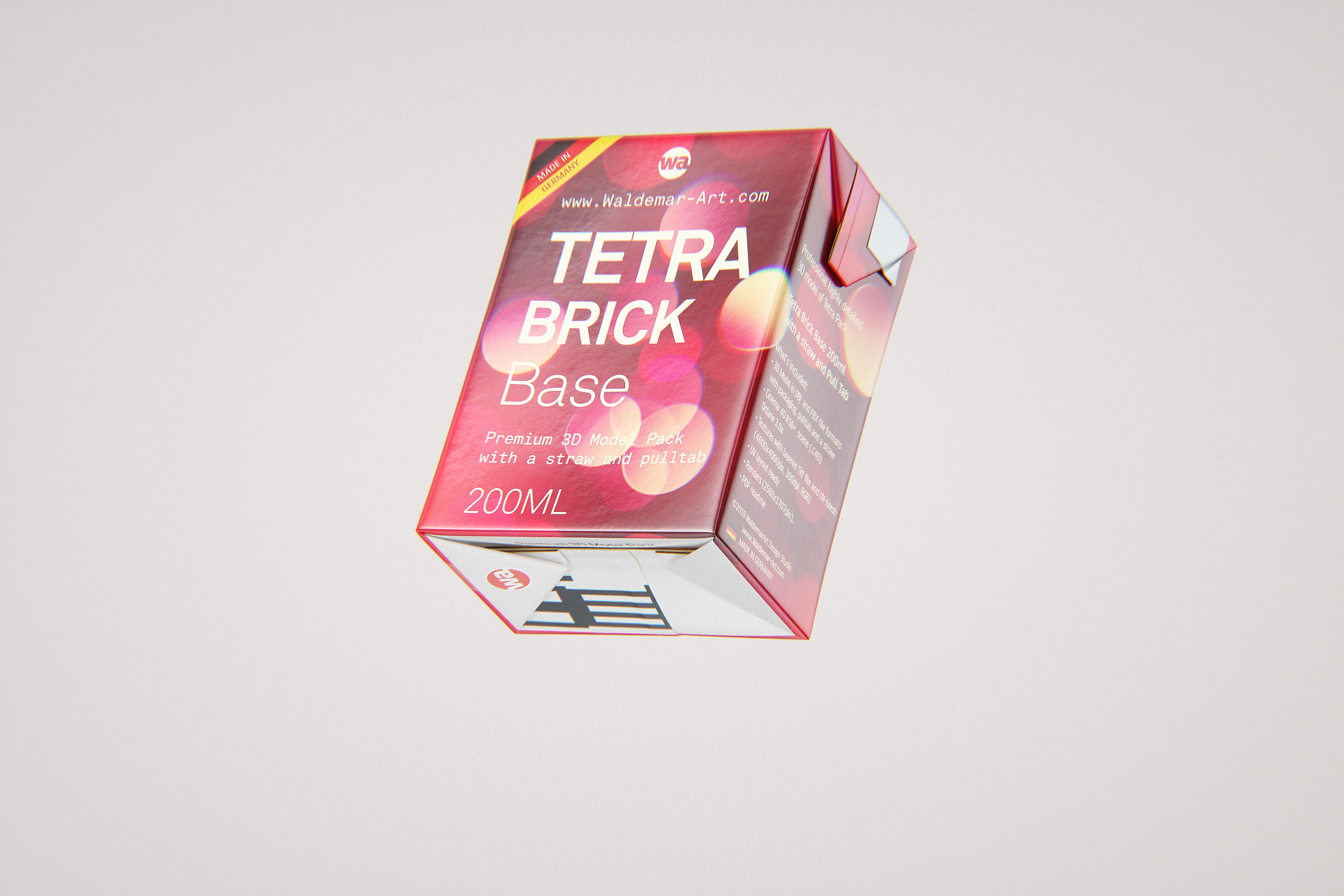 Tetra Pack Brick Base 200ml with Pull Tab and a packaged straw packaging 3d model pak