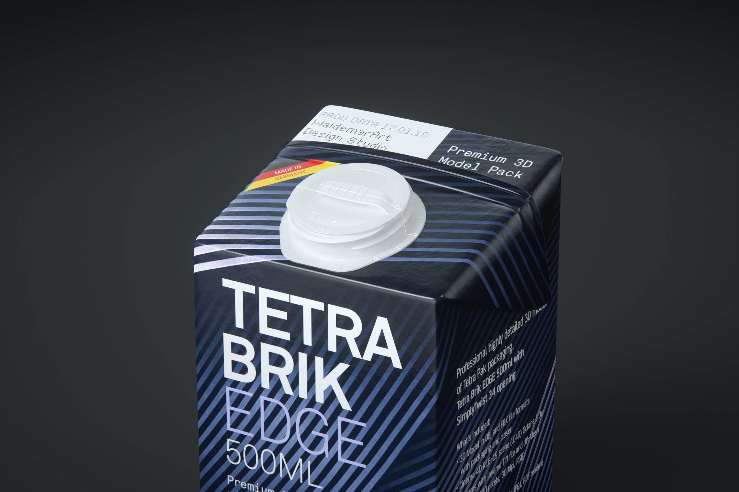 Tetra Pack Brick EDGE 500ml Premium packaging 3D model pak with SimplyTwist34 closer