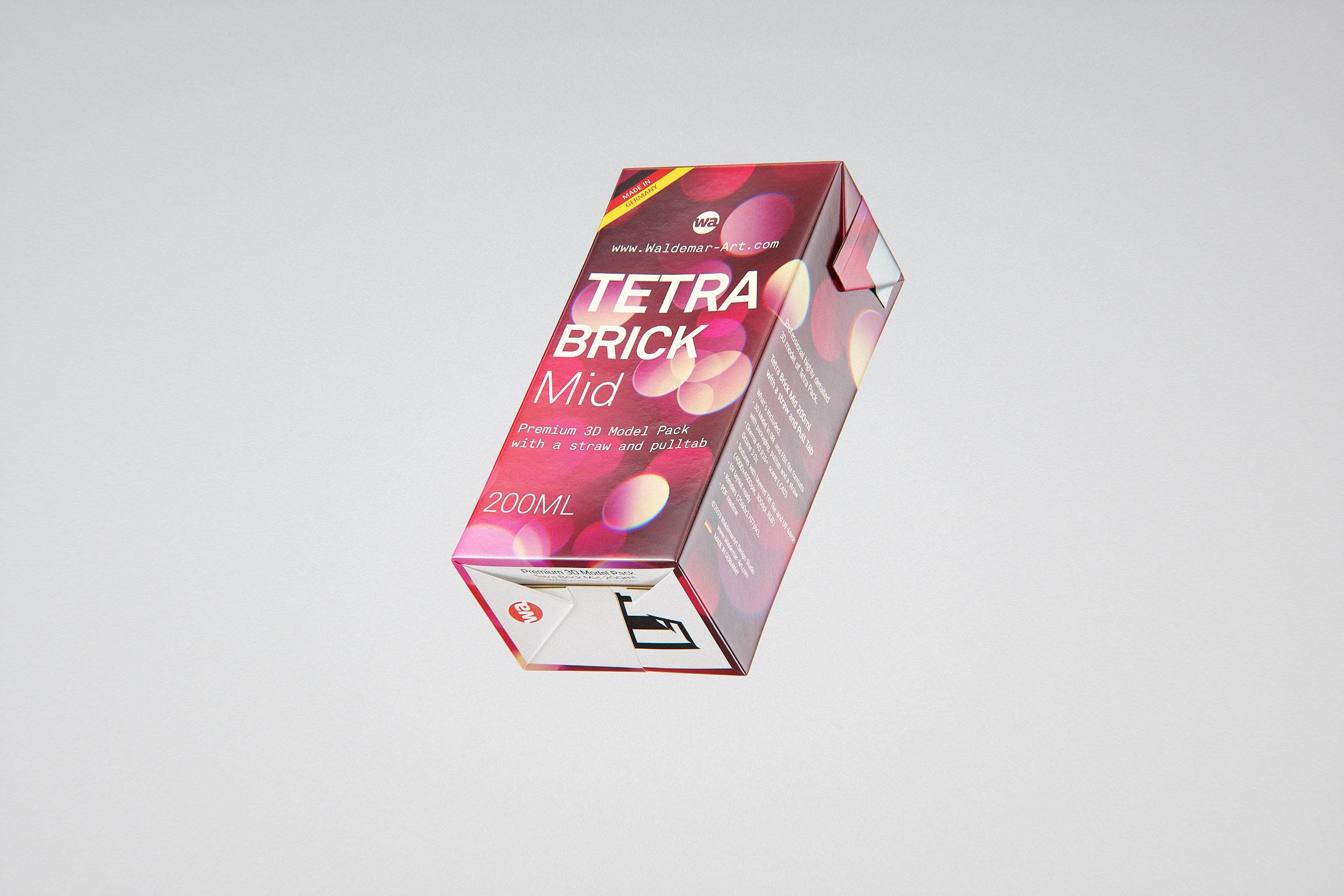Tetra Pack Brik Mid 200ml with Pull Tab and a packaged straw packaging 3d model pak