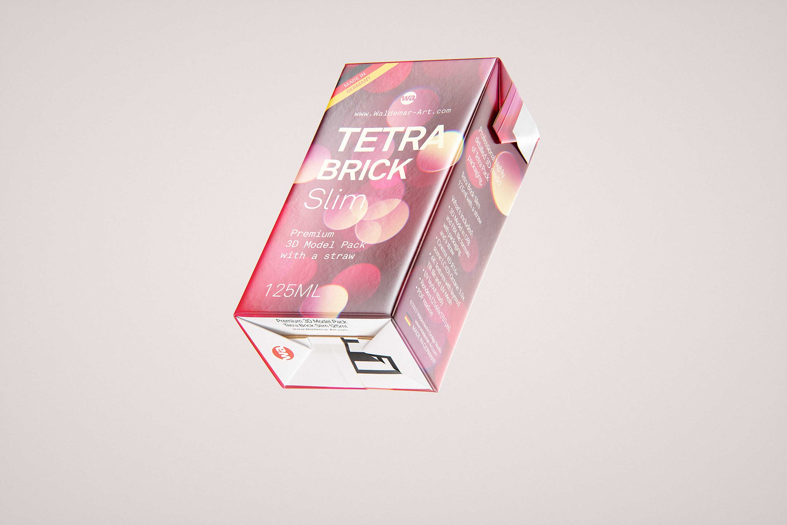 Tetra Pack Brick Slim 125ml with Pull Tab and a packaged straw packaging 3d model pak