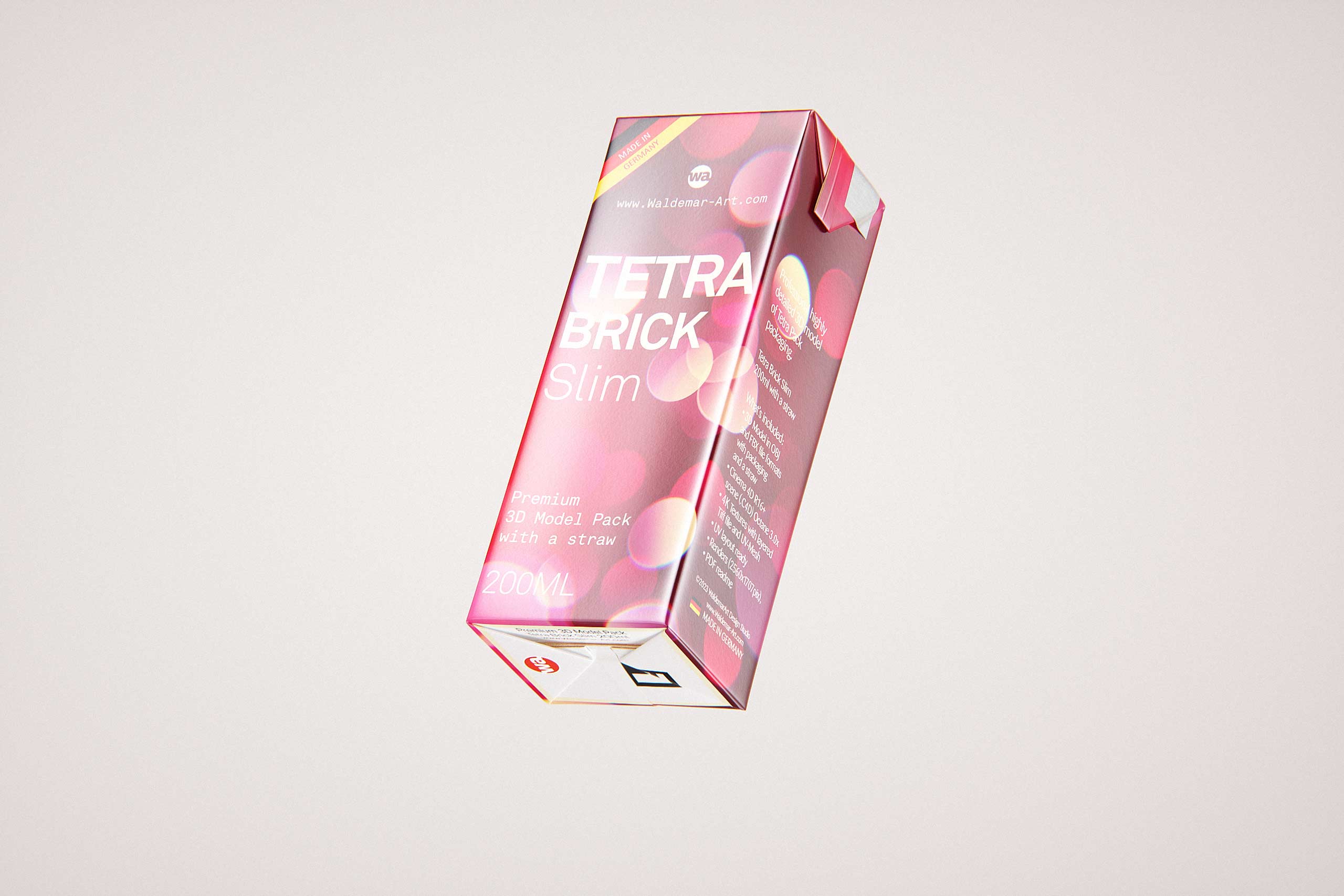 Tetra Pack Brick Slim 200ml with Pull Tab and a packaged straw package 3d model pak