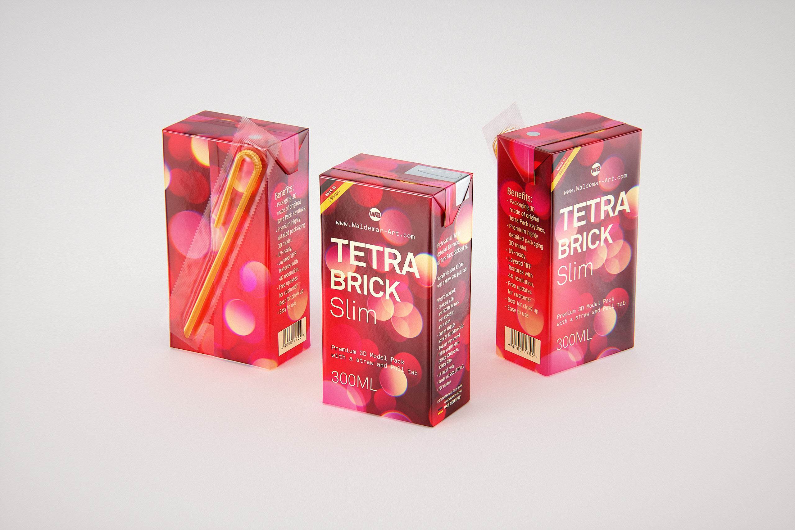 Tetra Pack Brick Slim 300ml with a Straw and Pull Tab packaging 3D