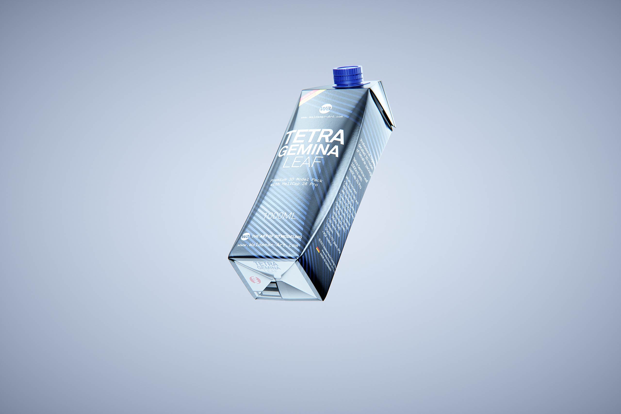 Premium packaging 3D model of Tetra Gemina Leaf 1000ml with tethered cap HeliCap 26 Pro