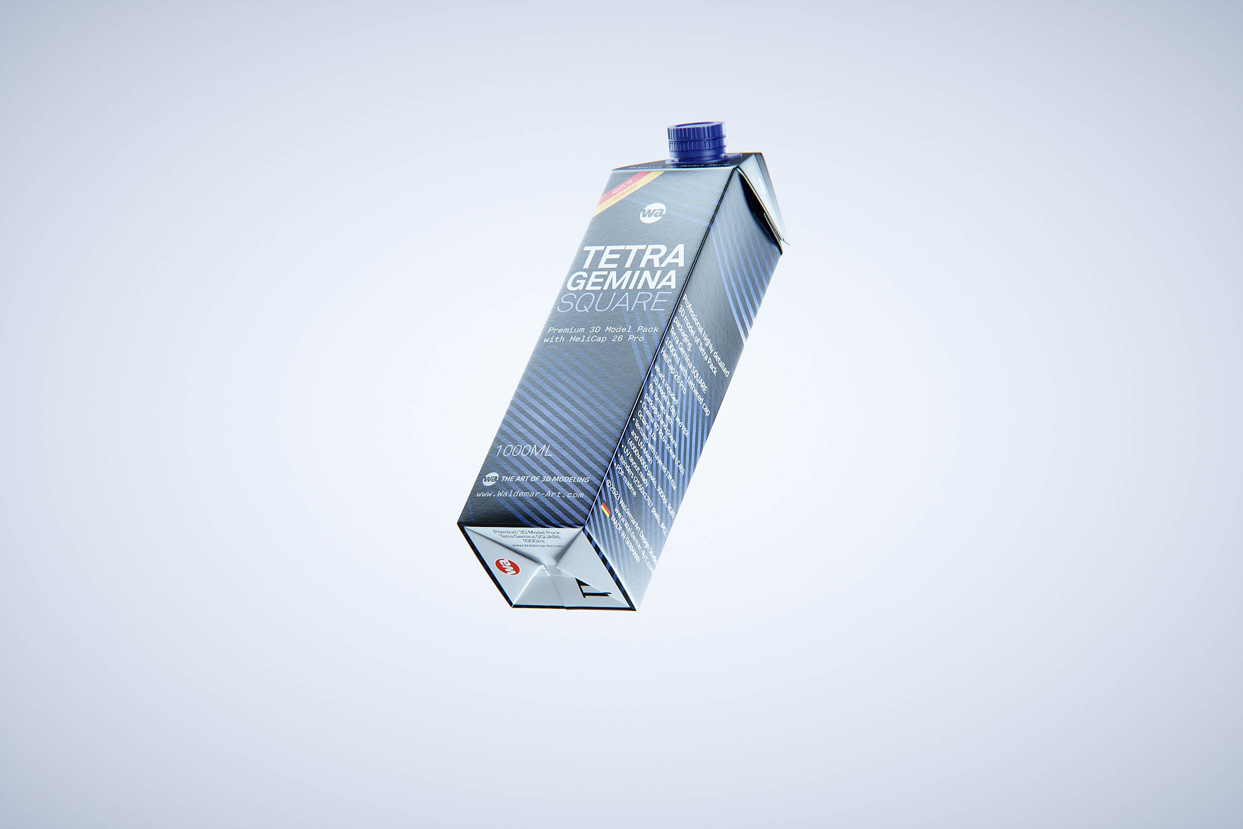 Premium carton packaging 3D model of Tetra Gemina Square 1000ml with tethered cap HeliCap 26 Pro