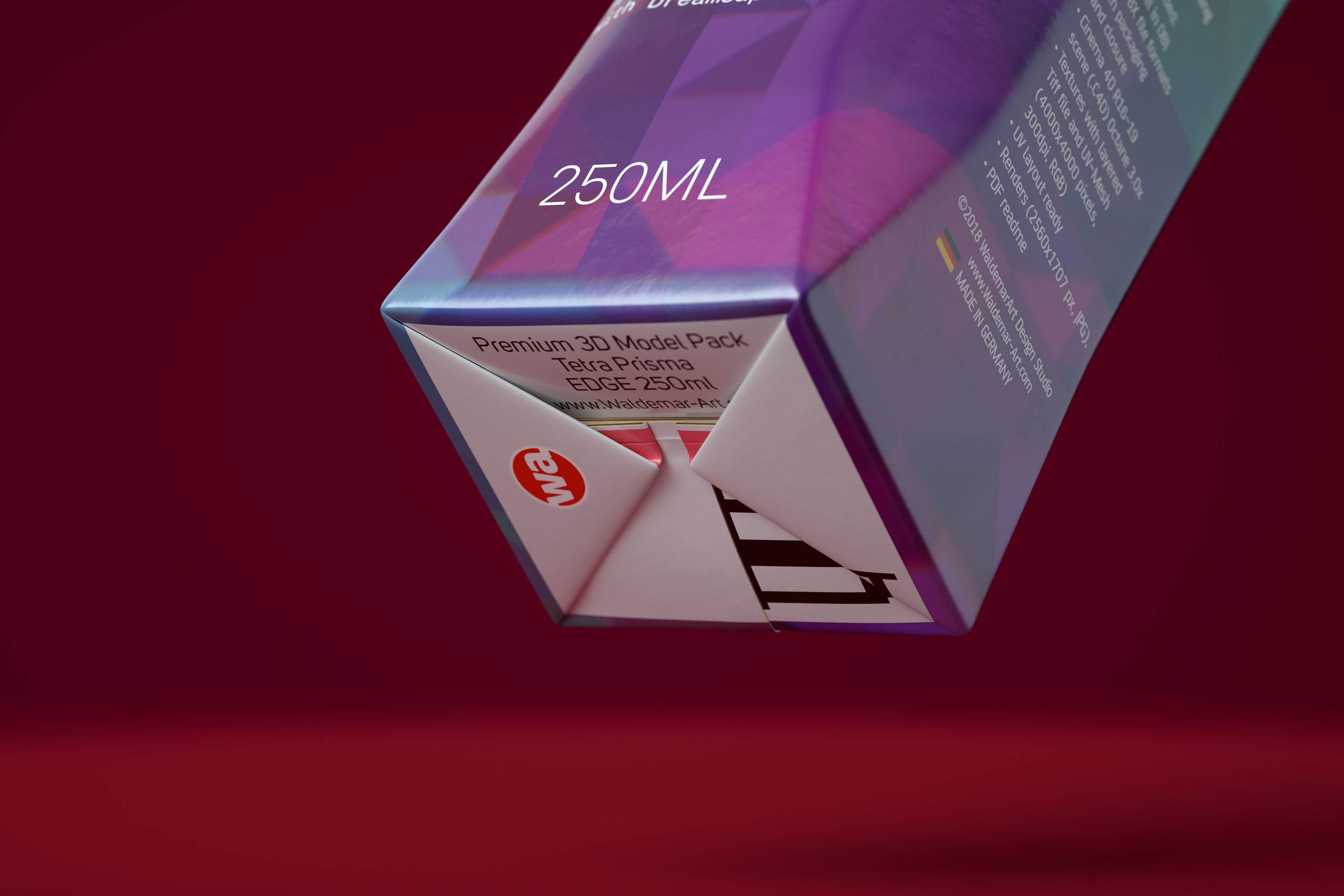Tetra Pack Prisma EDGE 250ml Premium carton packaging 3D model pak - close-up, front-bottom view